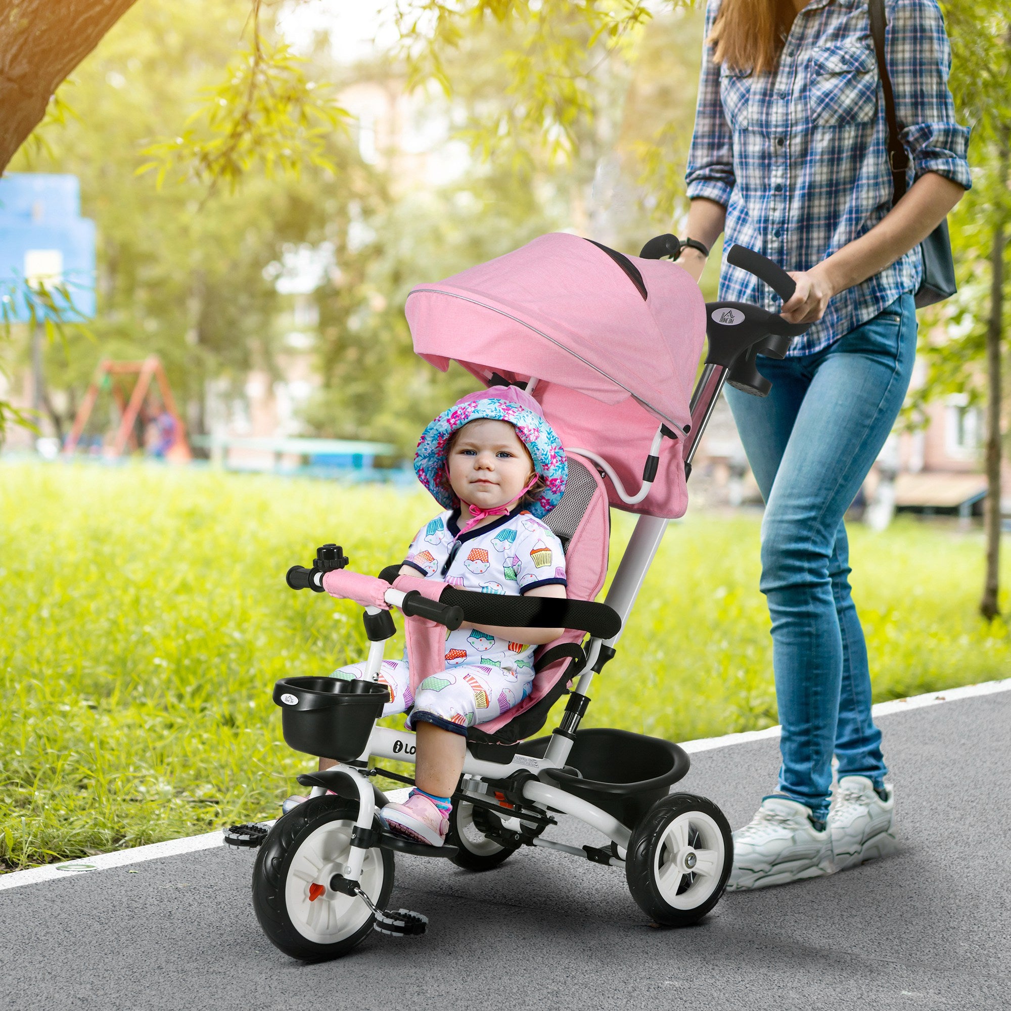 HOMCOM Metal Frame 6 in 1 Baby Push Tricycle with Parent Handle for 1-5 Years Old, Pink - North Peak Garden Furniture