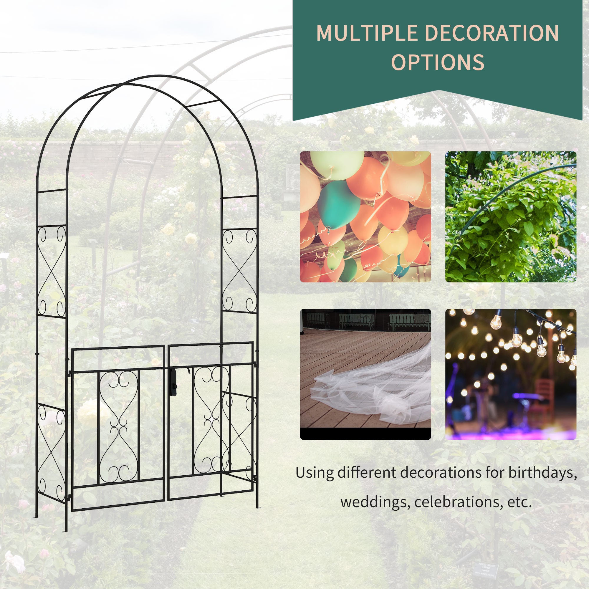 Outsunny Decorative Garden Arch, with Gate - Black - North Peak Garden Furniture