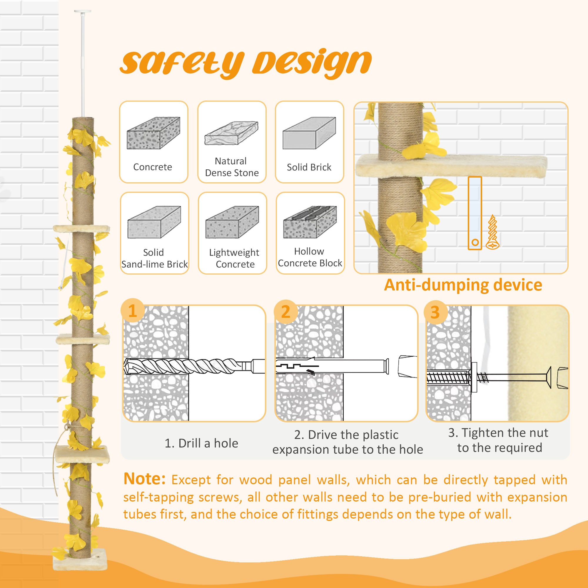 PawHut 242cm Adjustable Floor-To-Ceiling Cat Tree, with Artificial Decoration, Perches, Anti-Slip Kit - Yellow