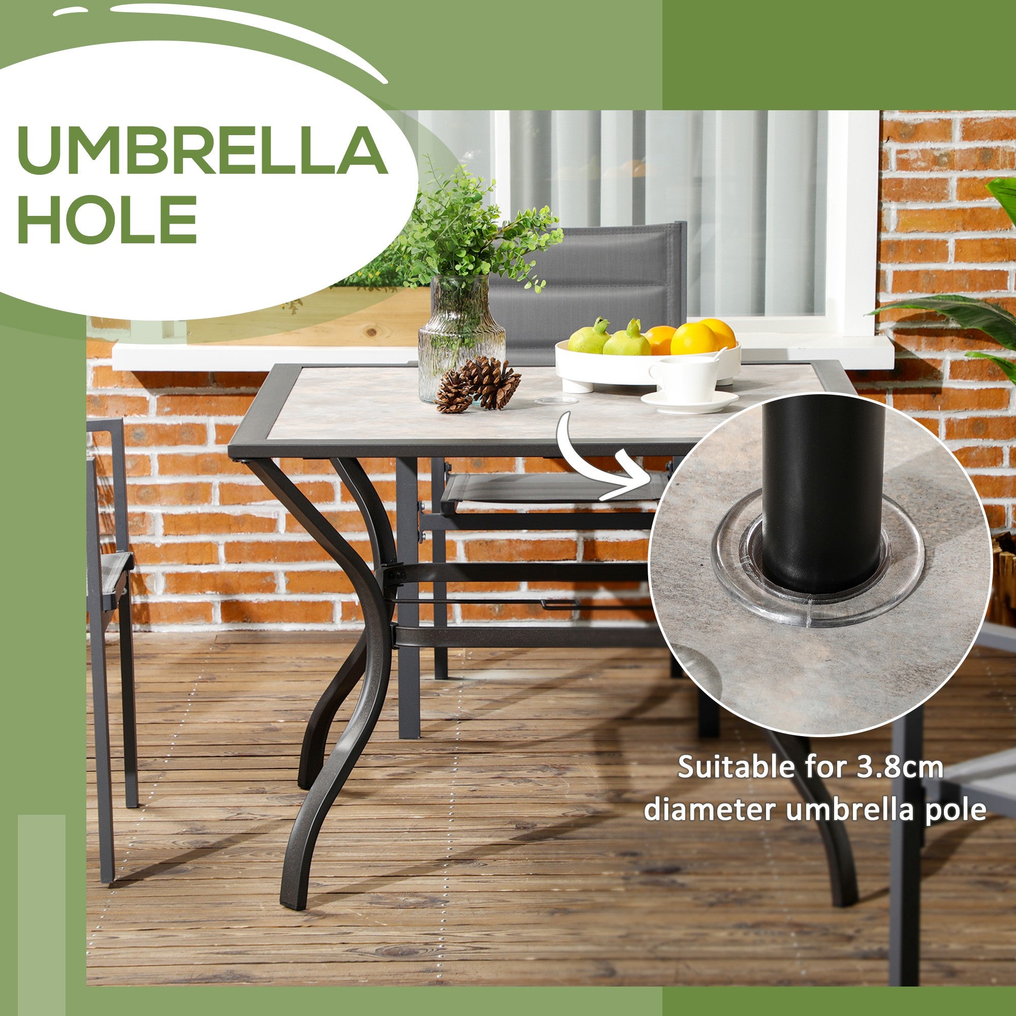 Outsunny 94 x 94 cm Garden Table with Parasol Hole, Outdoor Dining Table for 4, Square Patio Table with Stone-Grain Effect PC Board Top for Patio, Garden, Grey - North Peak Garden Furniture