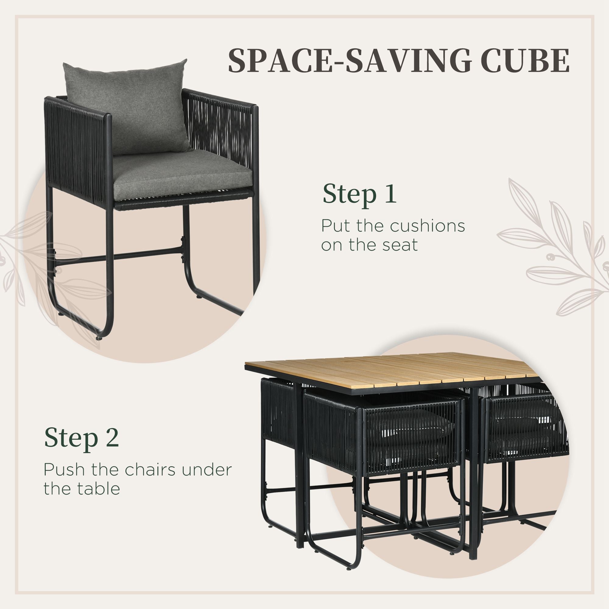 Outsunny 4 Seater Rattan Cube Garden Furniture Set, Rattan Dining Set with Cushions, Outdoor Dining Table and Chairs with Rectangular Wood Grain Plastic Top Table for Patio, Balcony, Black - North Peak Garden Furniture