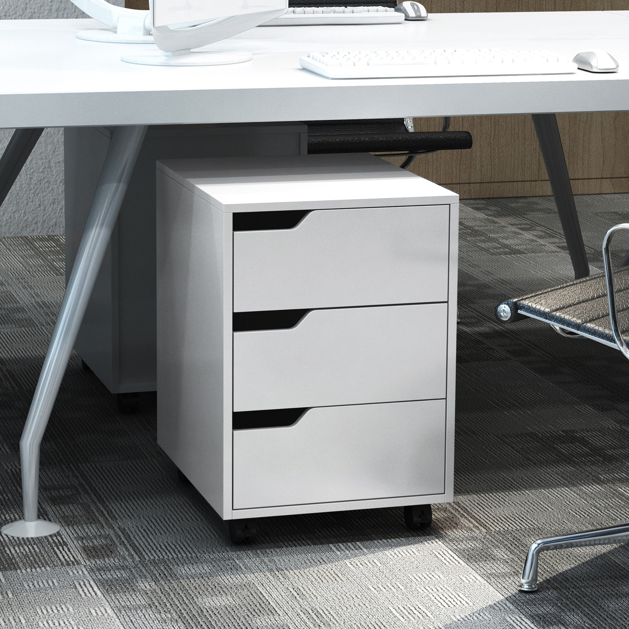HOMCOM 3 Drawer Mobile File Cabinet, Vertical Filing Cabinet with Wheels for Home Office, White - North Peak Garden Furniture