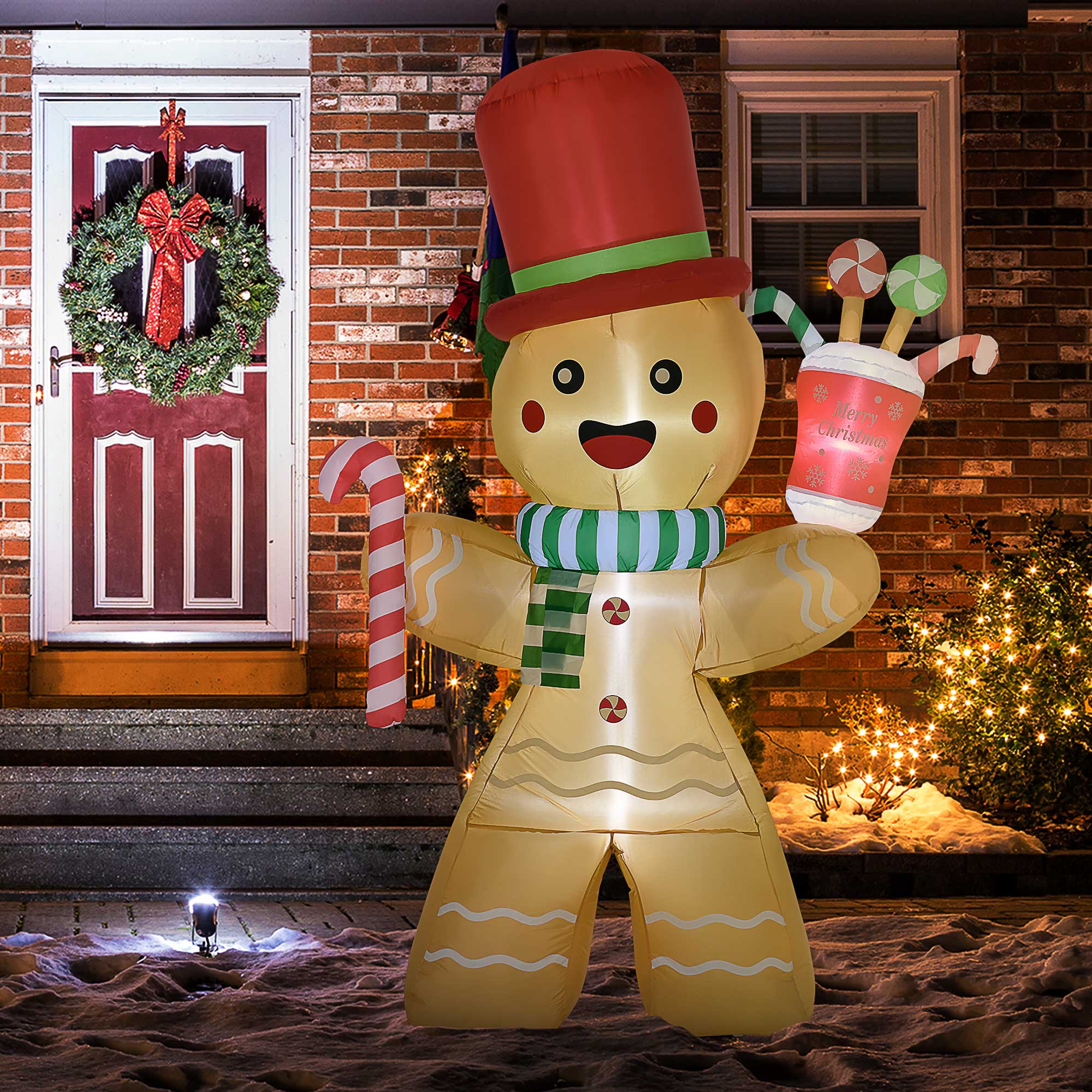HOMCOM 7.5ft Christmas Inflatable Gingerbread Man with Candy Cane and LED Lights, Blow-Up Outdoor LED Garden Display for Lawn, Party - North Peak Garden Furniture