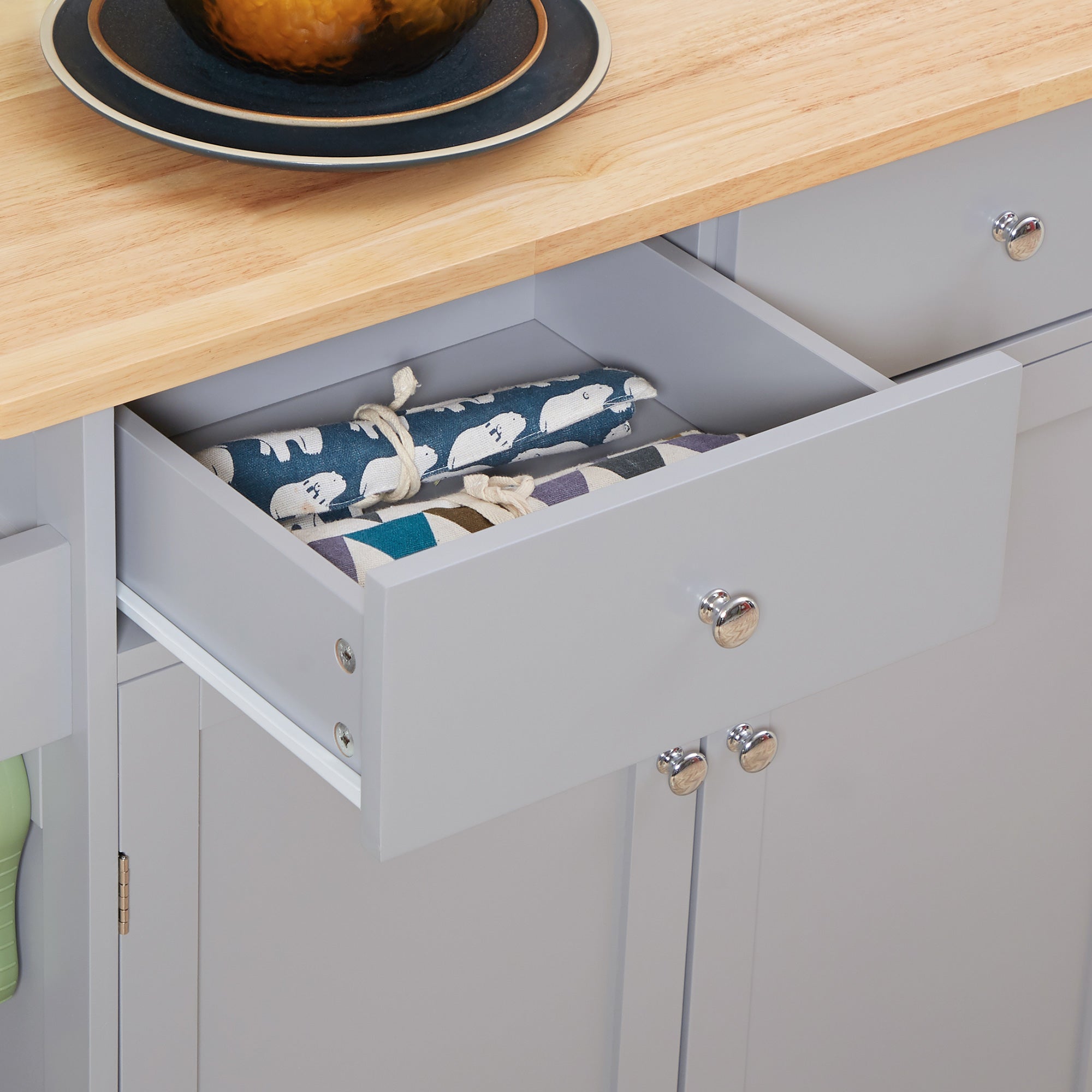 HOMCOM Rolling Kitchen Island on Wheels, Utility Serving Cart with Rubber Wood Top, Towel Rack, Hooks and Storage Drawers, Grey - North Peak Garden Furniture