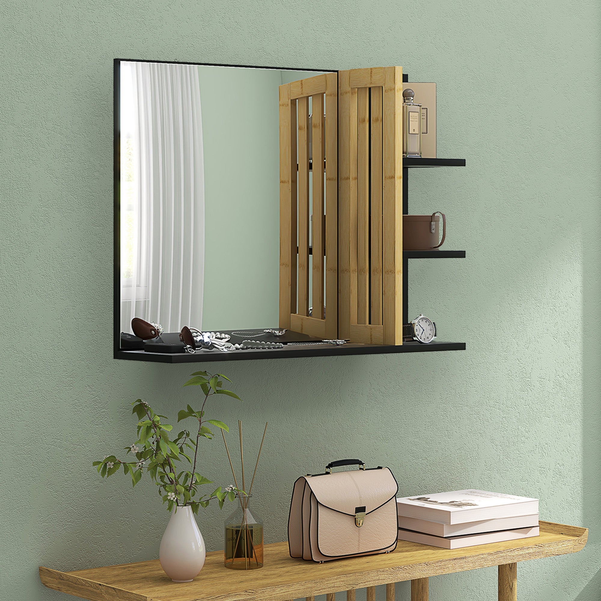 HOMCOM Bamboo Panel Bathroom Mirror, with Shelves - North Peak Garden Furniture