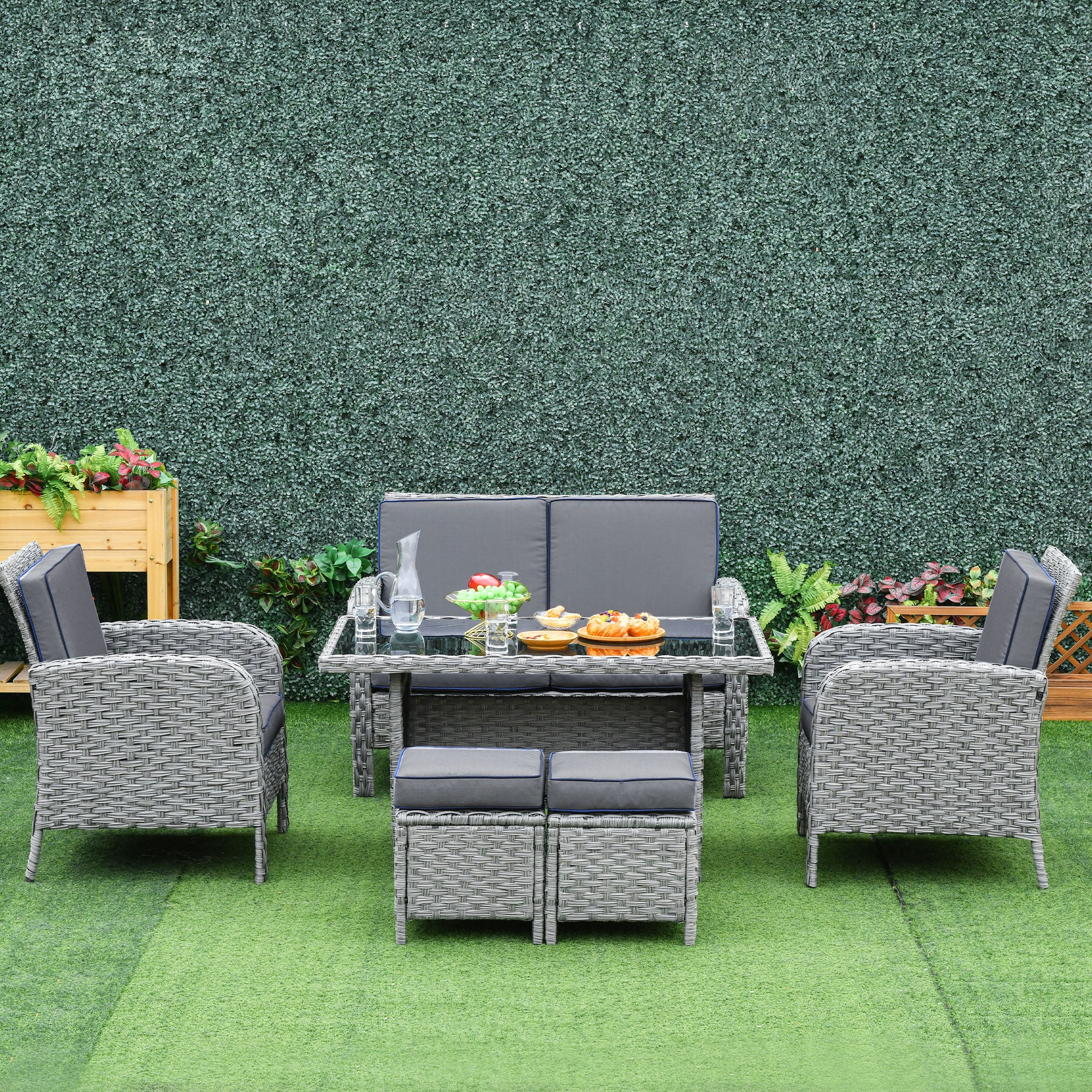 Outsunny 6 Pieces Outdoor Patio Rattan Dining Table Sets Bonzer All Weather PE Wicker Sofa Furniture Set for Backyard Garden w/ Cushions Grey - North Peak Garden Furniture