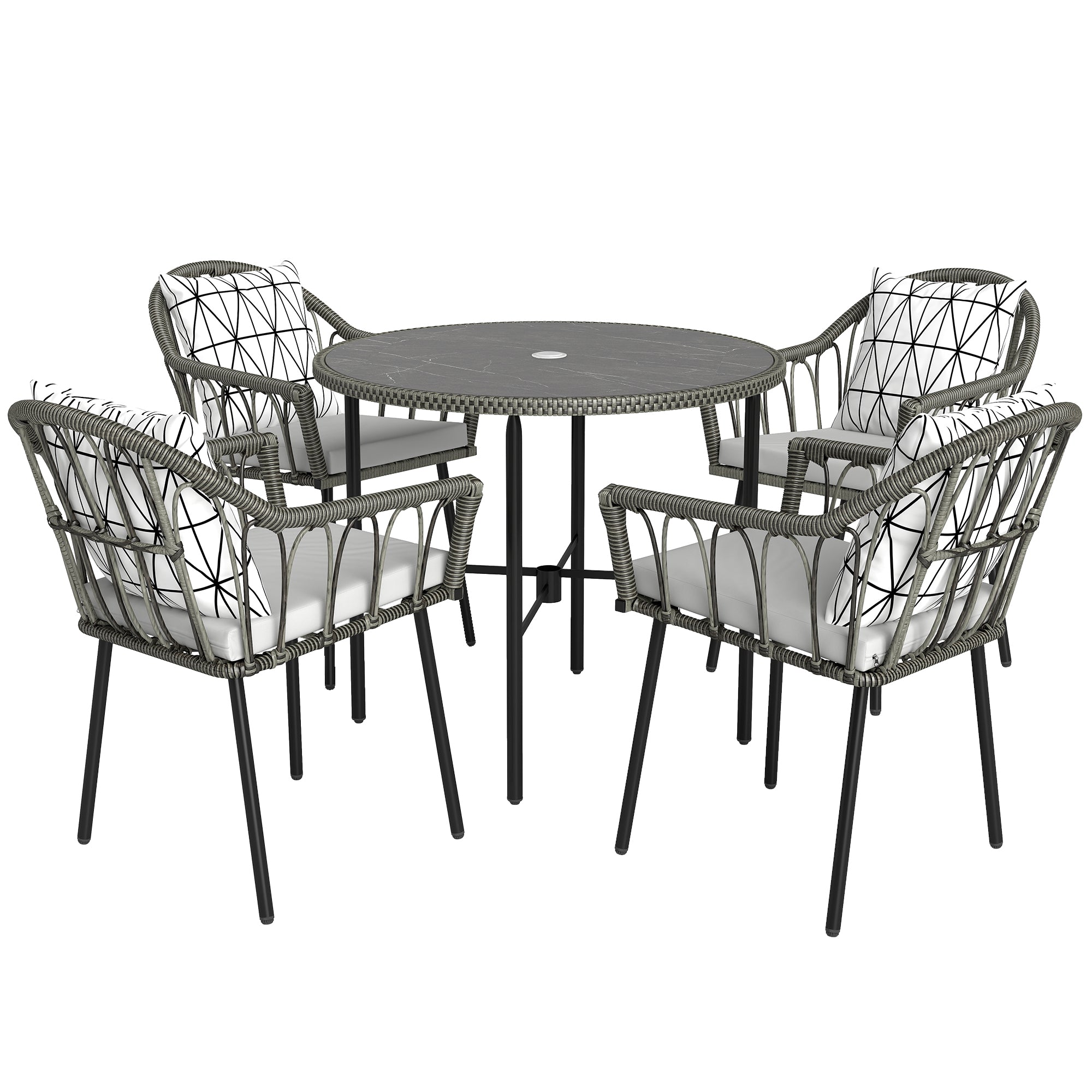 Outsunny 5 Piece Patio Rattan Dining Set, Wicker Garden Table and Chairs w/ Removable Seat & Back Cushions, Round Tempered Glass Tabletop, Parasol Hole, Outdoor Furniture Conservatory Set, Grey - North Peak Garden Furniture