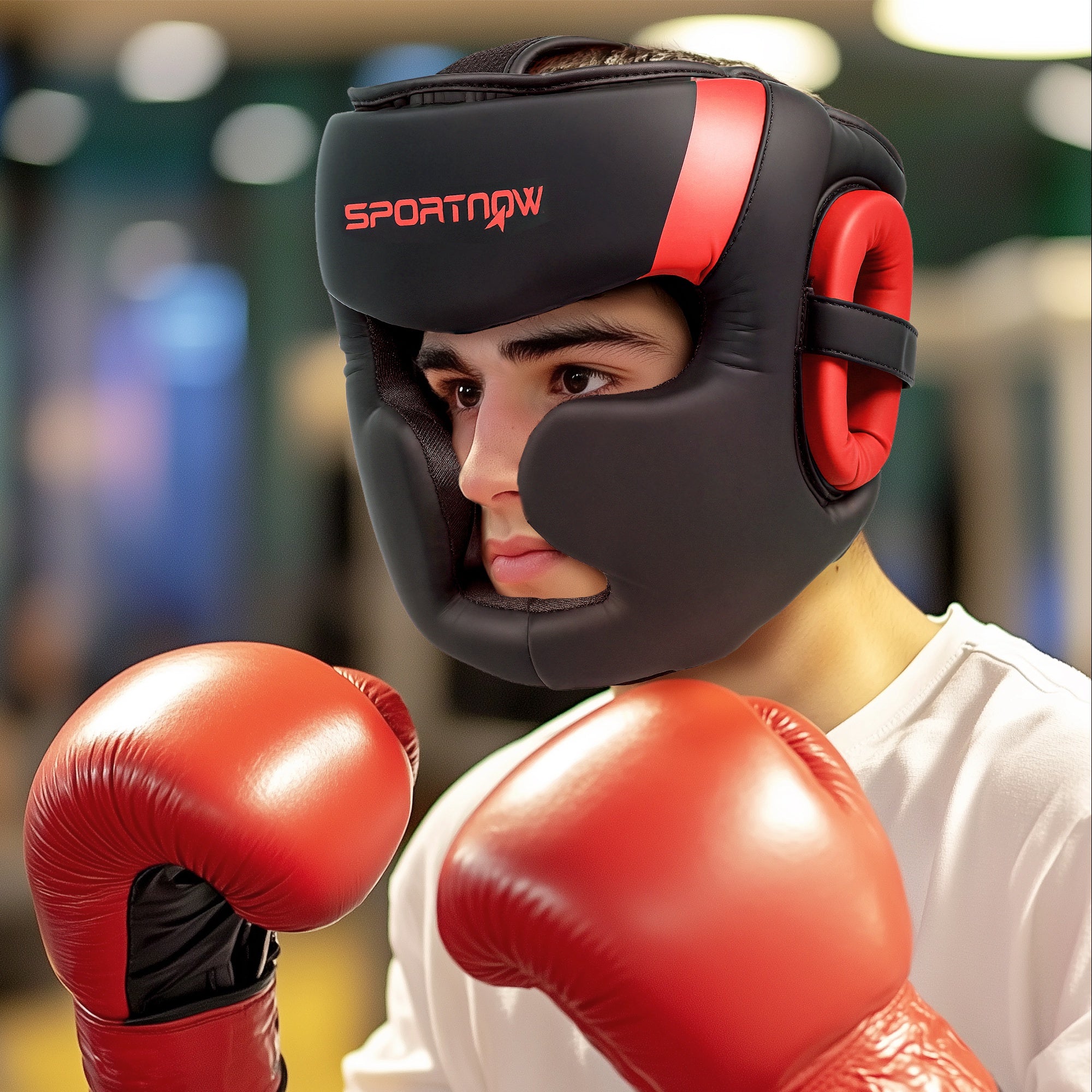 SPORTNOW Boxing Headguard, Boxing Headgear Helmet with Adjustable Strap for Full Face Protection for Kickboxing Sparring Martial Arts Karate Taekwondo, Red