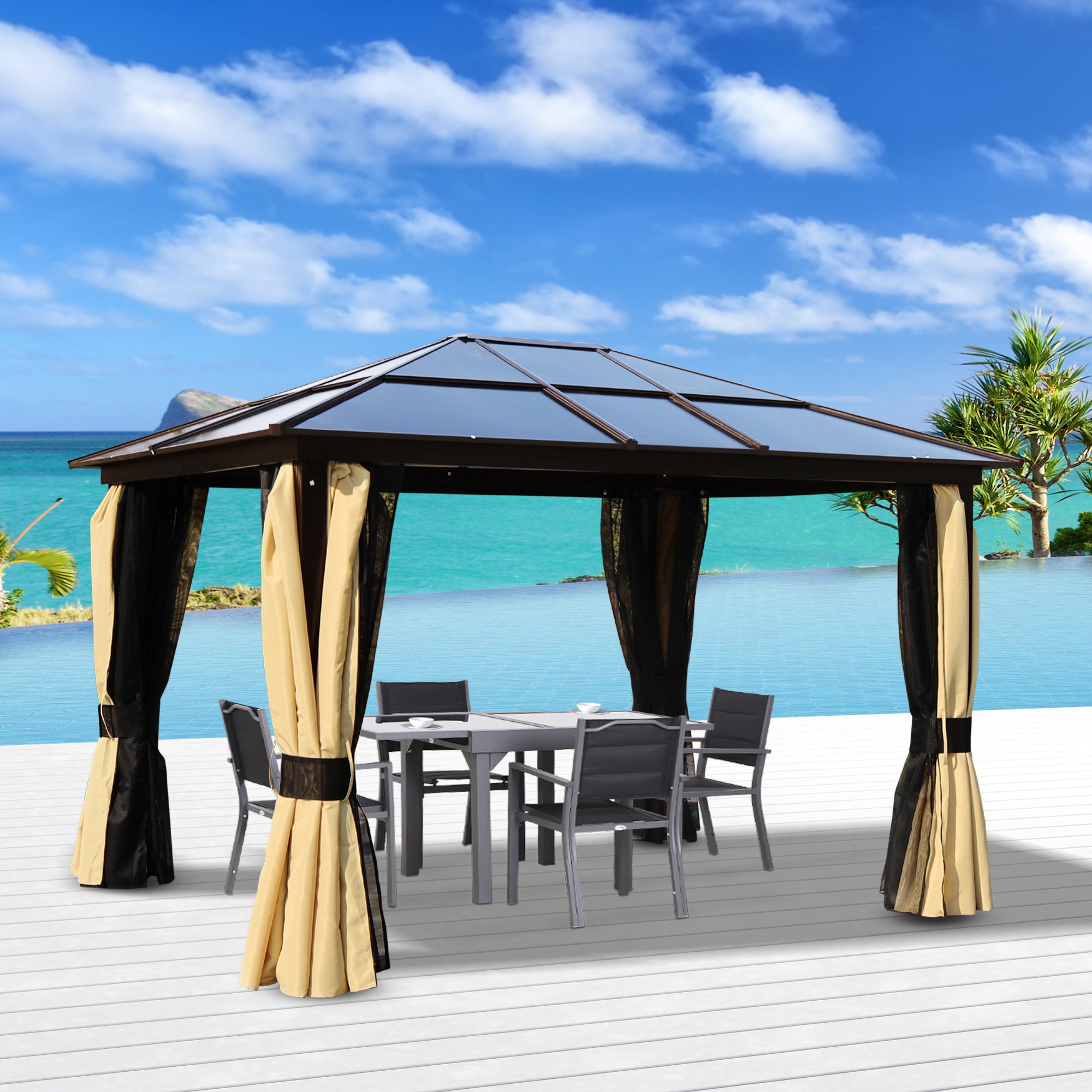 Outsunny 3.6 x 3(m) Polycarbonate Hardtop Gazebo with LED Solar Light and Aluminium Frame, Garden Pavilion with Mosquito Netting and Curtains