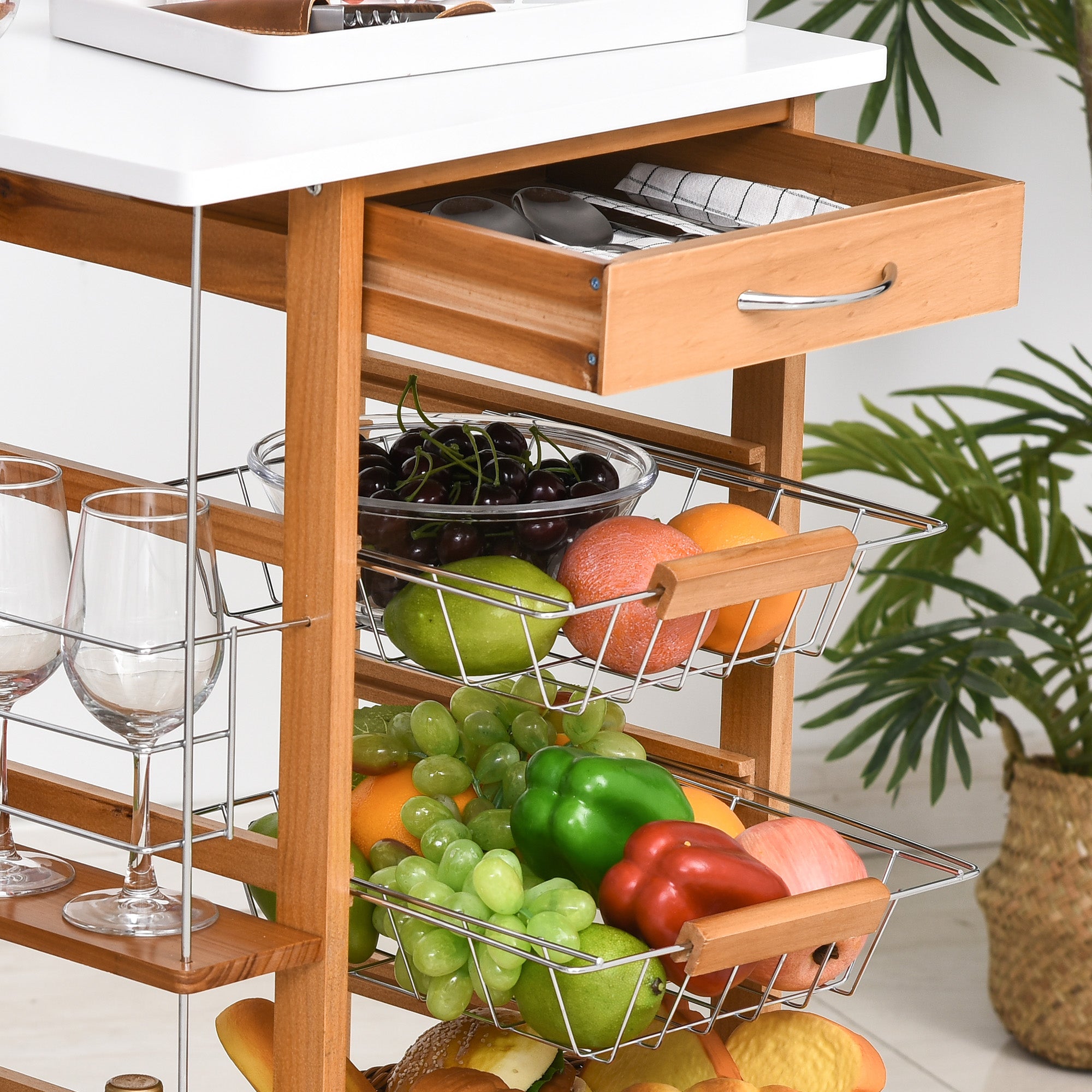 HOMCOM Rolling Kitchen Cart, Utility Storage Cart with 4 Basket Drawers & Side Racks, Wheels for Dining Room, Brown - North Peak Garden Furniture