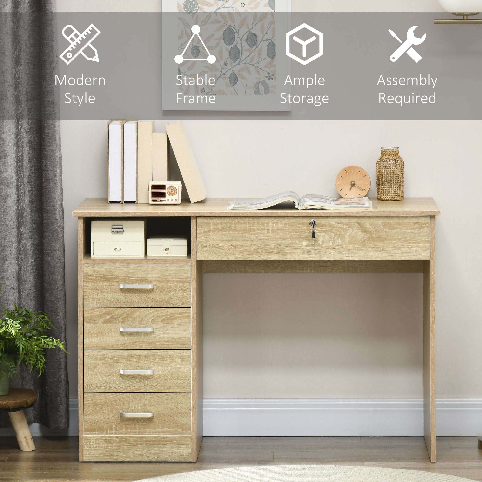 HOMCOM Computer Desk, Home Office Desk with Lockable Drawer, Storage Shelf for Study Bedroom, 110 x 50 x 76 cm, Oak - North Peak Garden Furniture