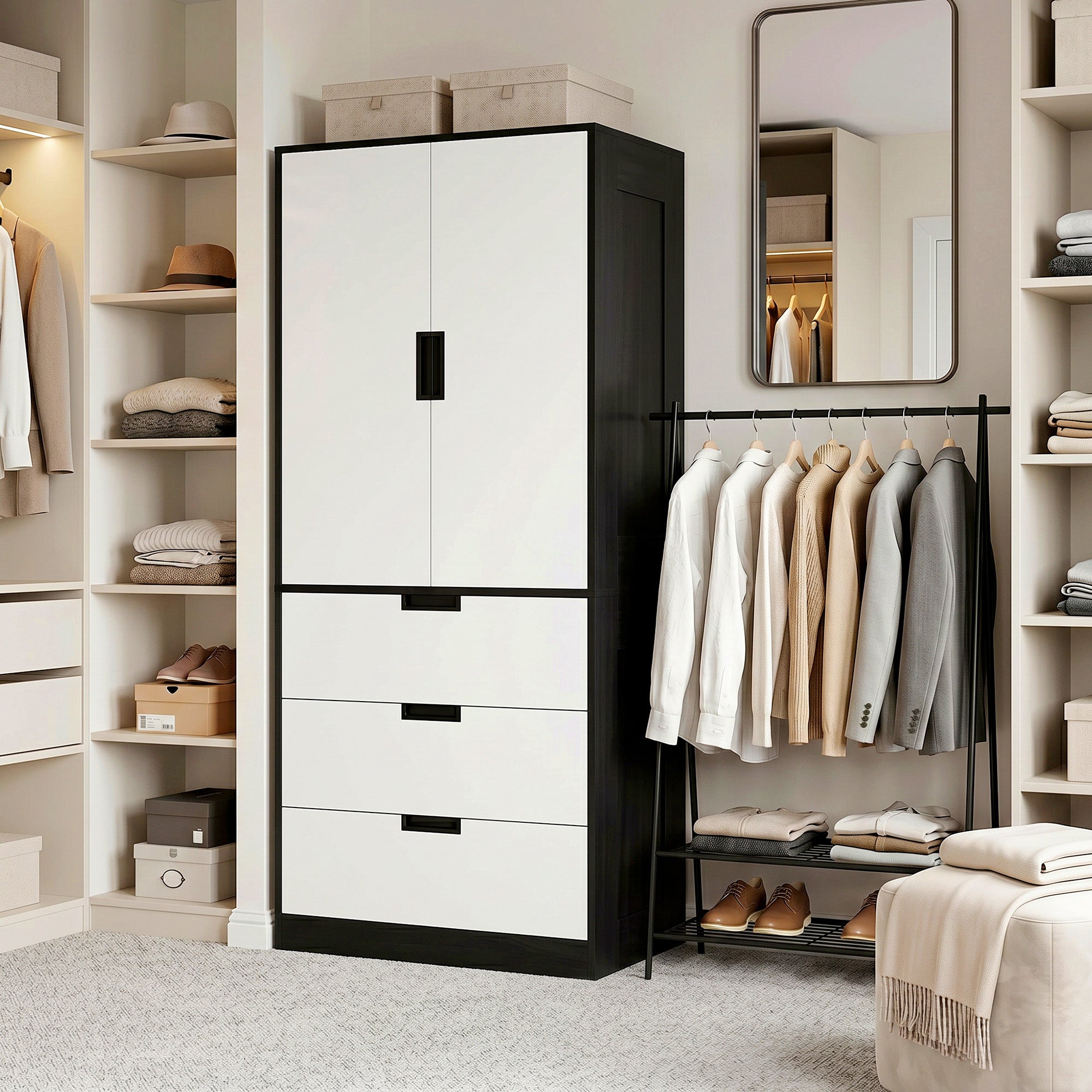 HOMCOM 2 Door Wardrobe, Modern Wardrobe with 3 Drawers and Hanging Rod for Bedroom, Black