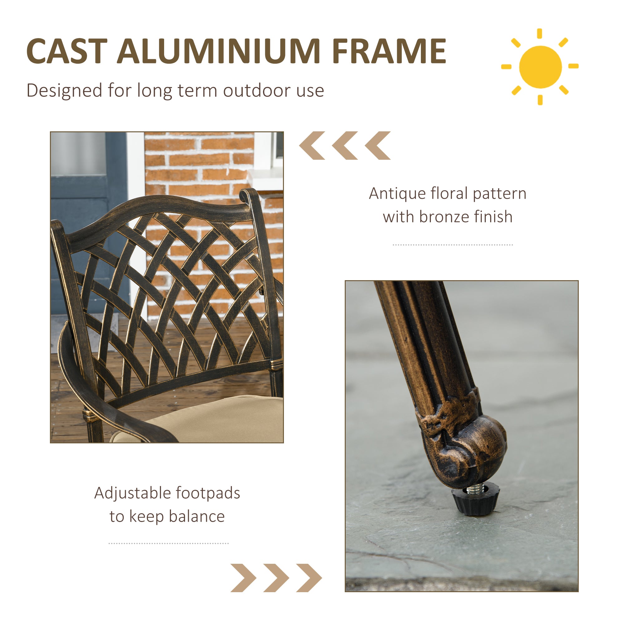 Outsunny 4 Seater Outdoor Dining Set Antique Cast Aluminium Garden Furniture Set with Cushions Round Dining Table with Parasol Hole, Bronze - North Peak Garden Furniture