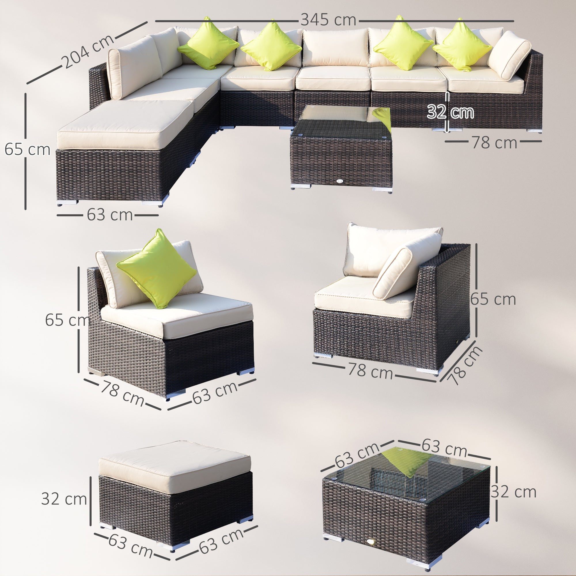 Outsunny 8 Pieces PE Rattan Corner Sofa Set with Thick Cushions, Aluminium Outdoor Rattan Garden Furniture Set with Glass Top Table, No Assembly Required, Mixed Brown