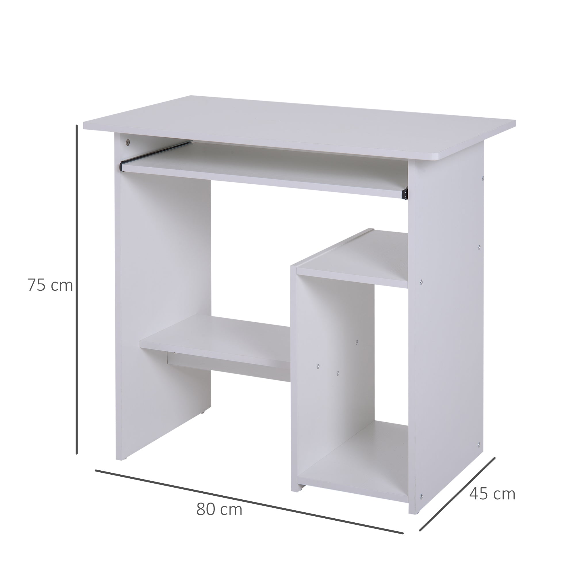 HOMCOM Compact Small Computer Table Wooden Desk Keyboard Tray Storage Shelf Modern Corner Table Home Office White - North Peak Garden Furniture