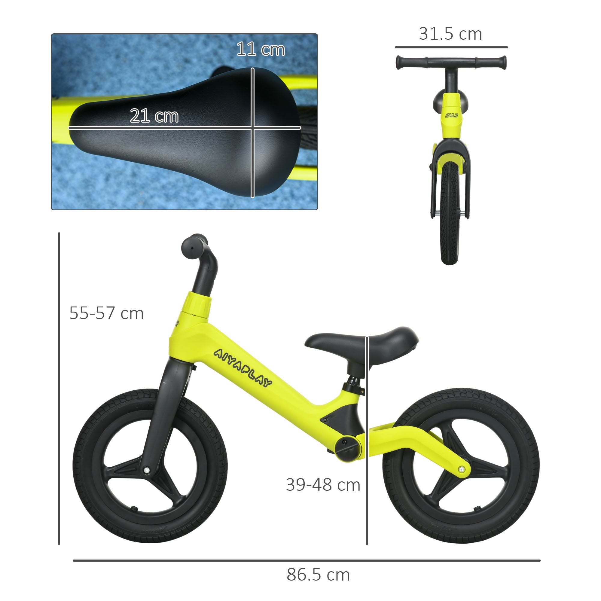 AIYAPLAY Balance Bike with Adjustable Seat and Handlebar, PU Wheels, No Pedal, for Ages 30-60 Months - Green - North Peak Garden Furniture
