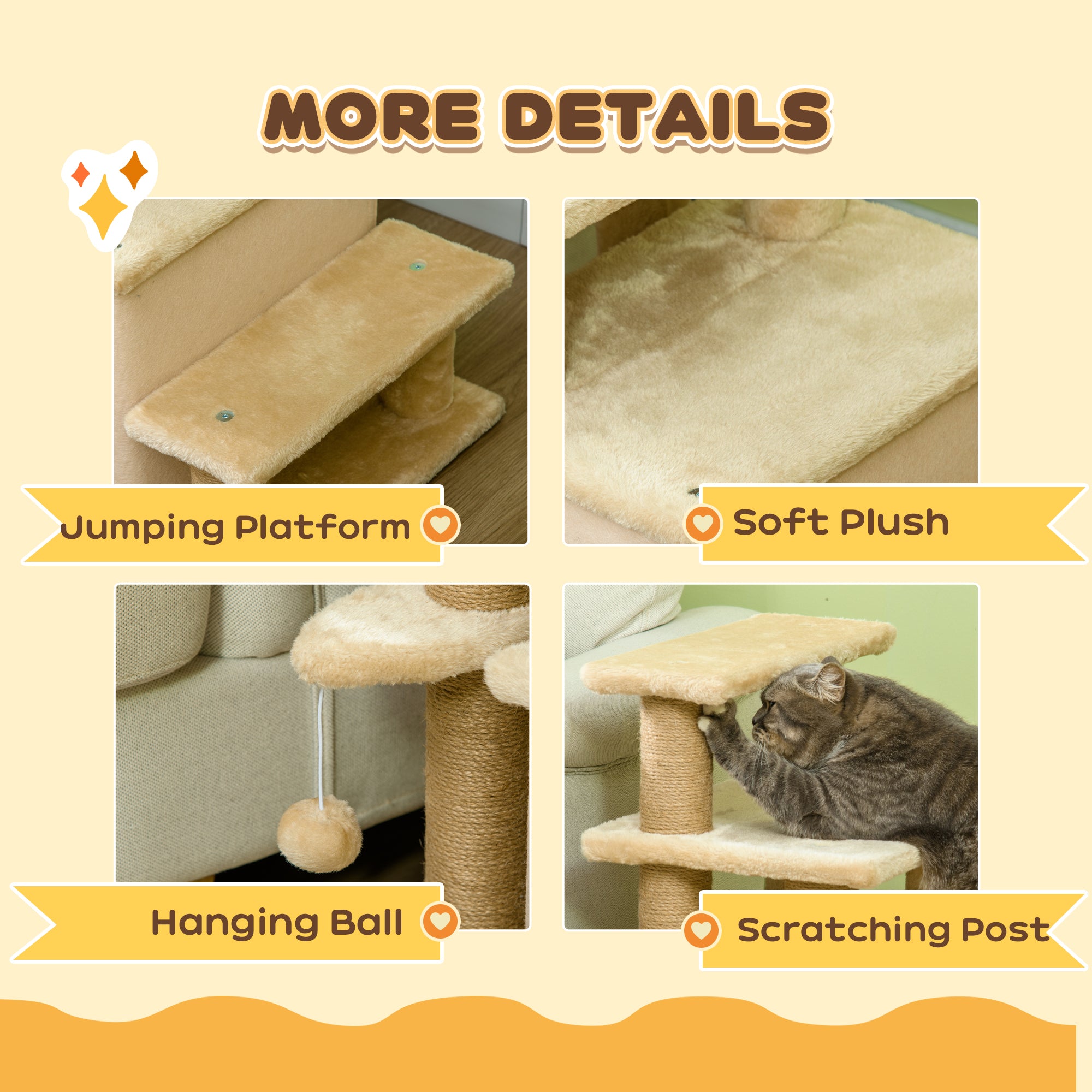 PawHut Adjustable Cat Steps, with House & Hanging Toy Ball - Beige - North Peak Garden Furniture