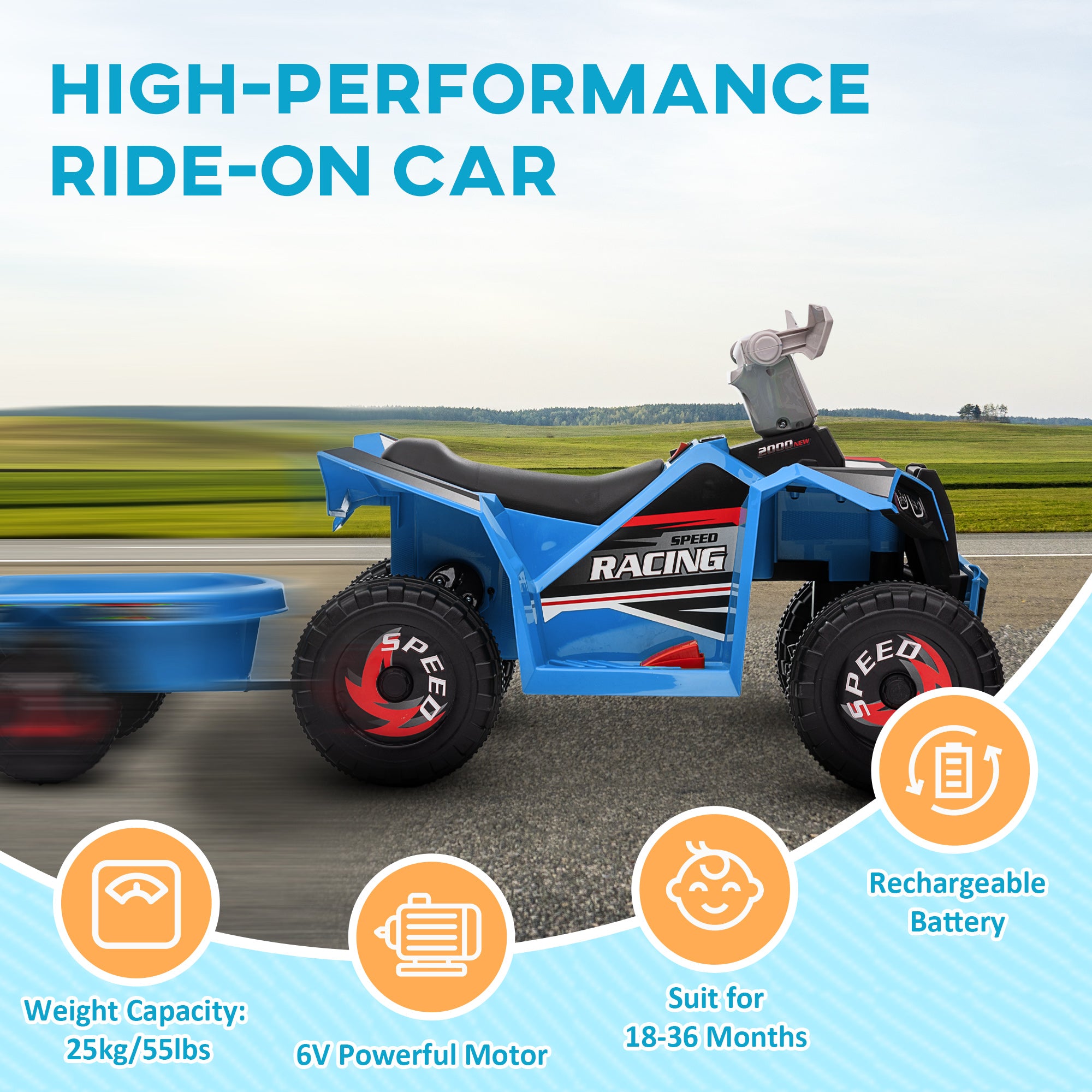 HOMCOM 6V Quad Bike with Back Trailer, Wear-Resistant Wheels, for Ages 18-36 Months, Blue - North Peak Garden Furniture