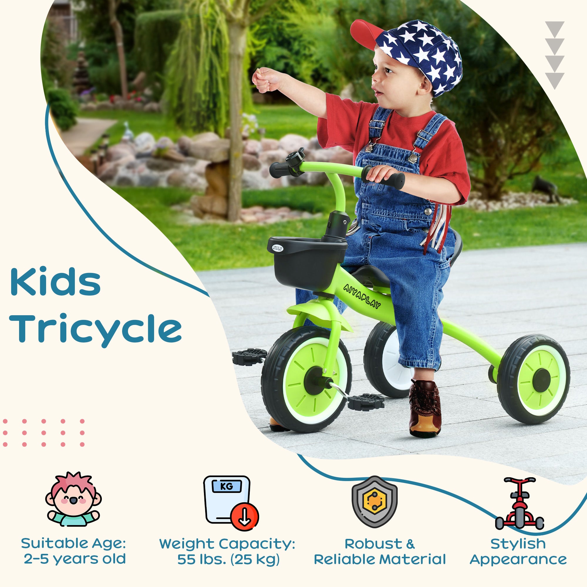 AIYAPLAY Kids Trike, Tricycle, with Adjustable Seat, Basket, Bell, for Ages 2-5 Years - Green