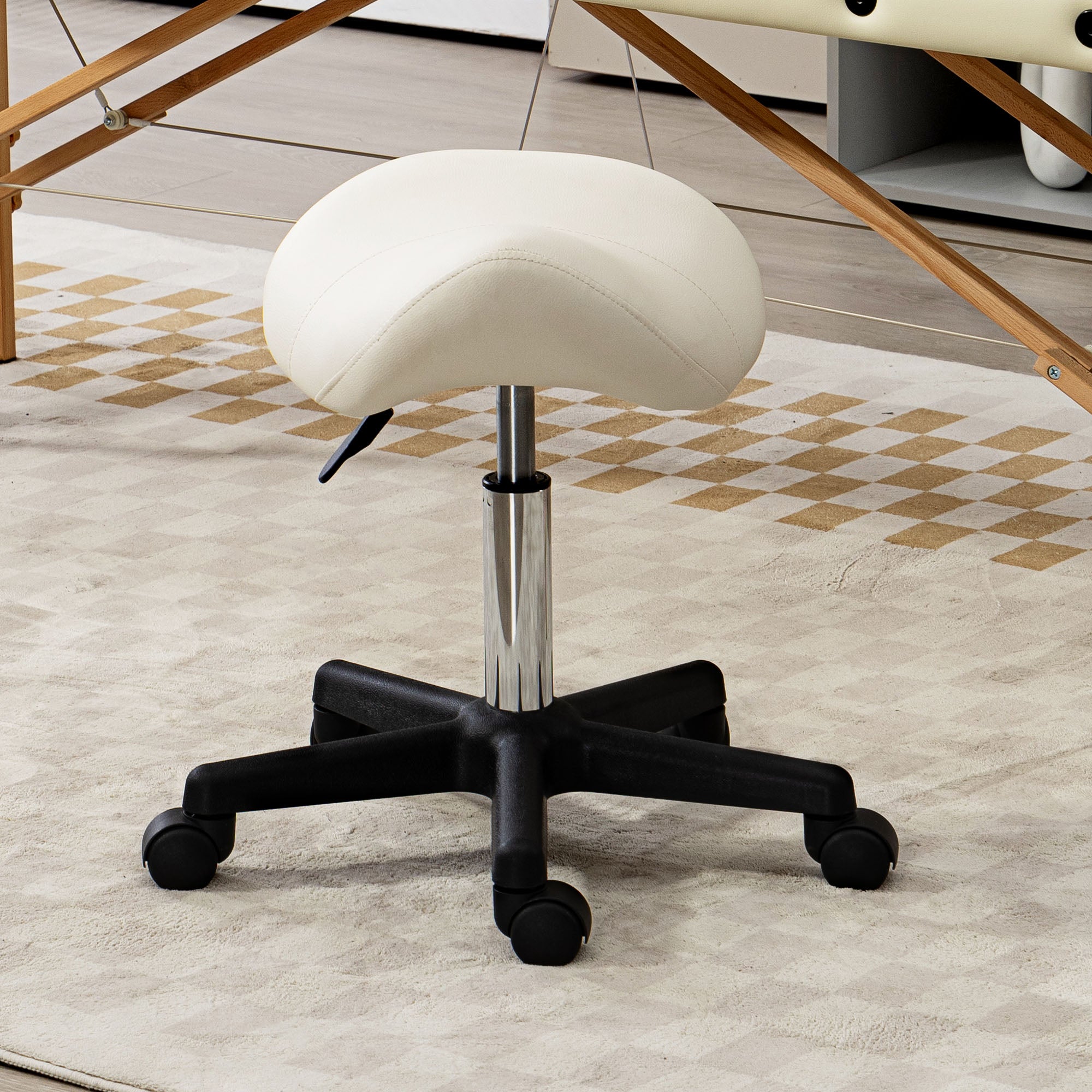 HOMCOM Saddle Stool, PU Leather Adjustable Rolling Salon Chair with Steel Frame for Massage, Spa, Beauty and Tattoo, White - North Peak Garden Furniture