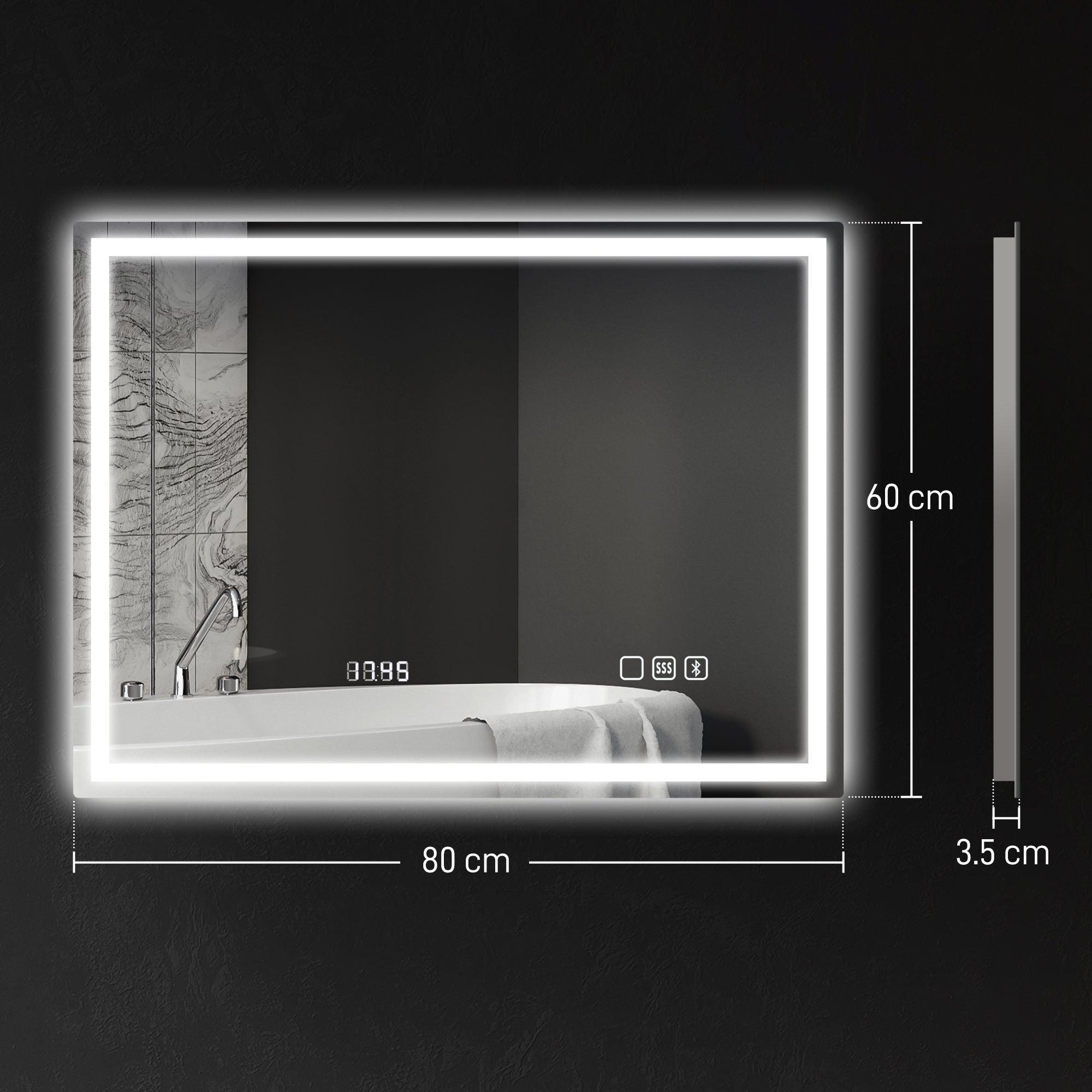HOMCOM 60 x 80 cm Anti-Fog LED Bathroom Mirror, with Bluetooth and Clock - Silver Tone - North Peak Garden Furniture