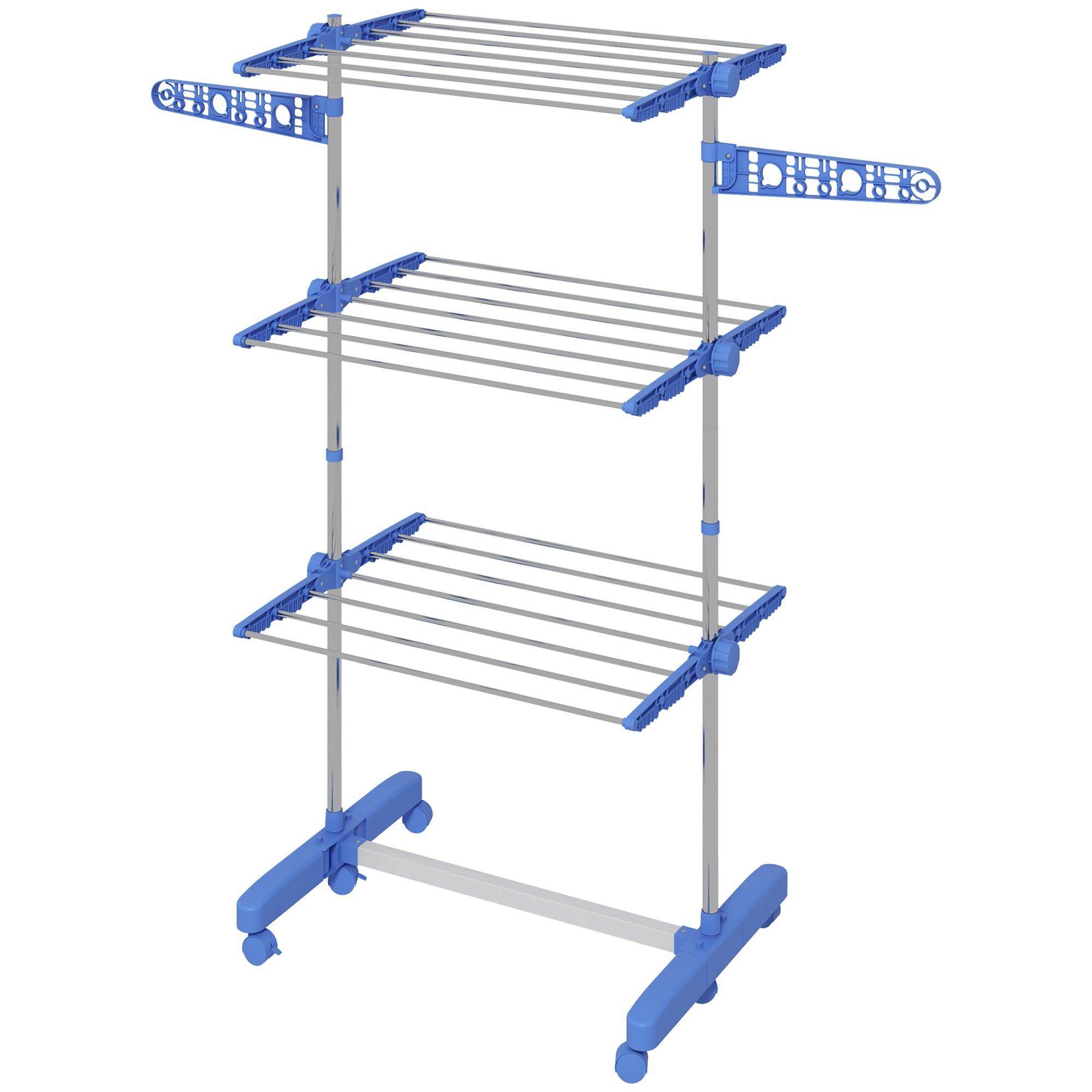 HOMCOM Three-Shelf Collapsing Clothes Horse, With Side Arms and Wheels - Blue