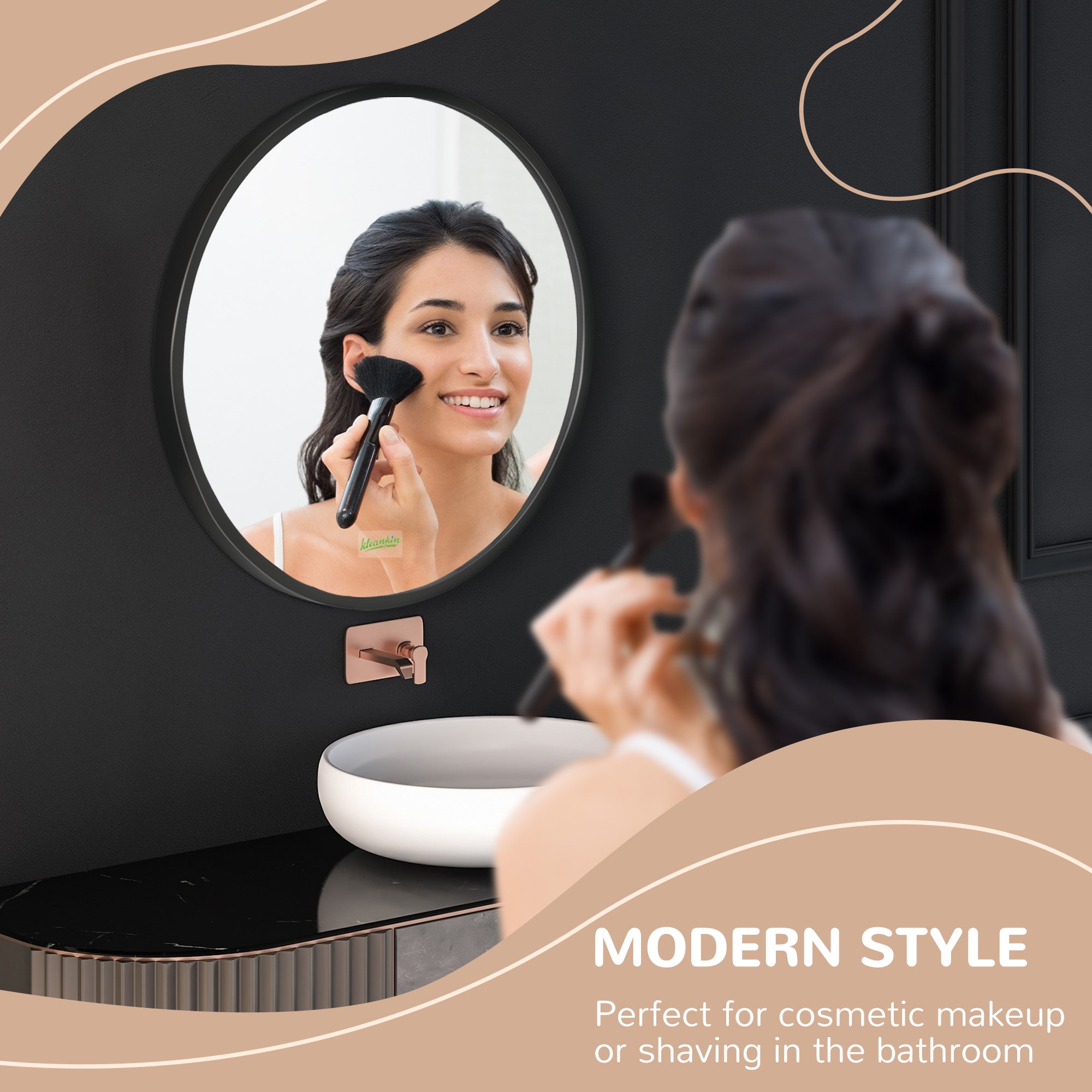 kleankin Round Bathroom Mirror, Modern Wall-mounted Makeup Mirror with Aluminium Frame for Washroom Living Room, Black, 40x40 cm - North Peak Garden Furniture