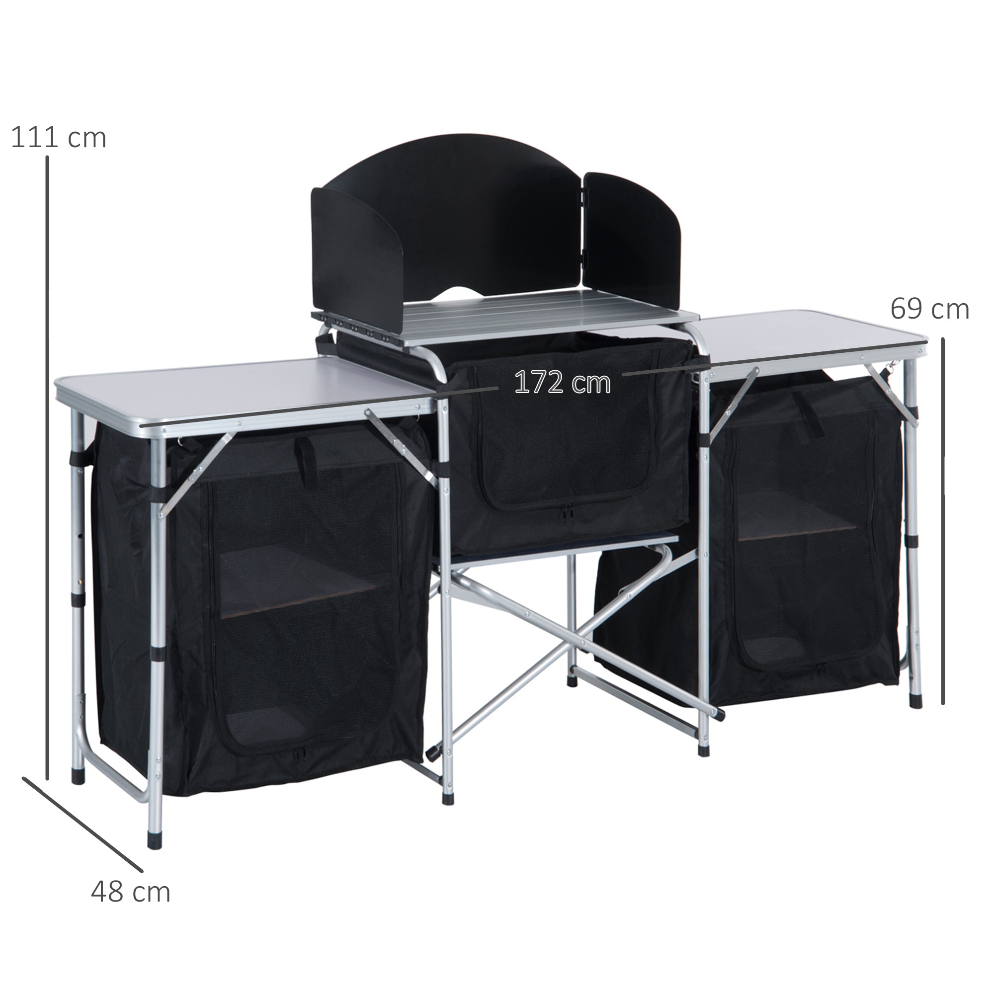 Outsunny Portable Folding Camping Kitchen Table with Windscreen, Storage Cupboards, Aluminium Frame for BBQs, Parties, Picnics | Aosom UK