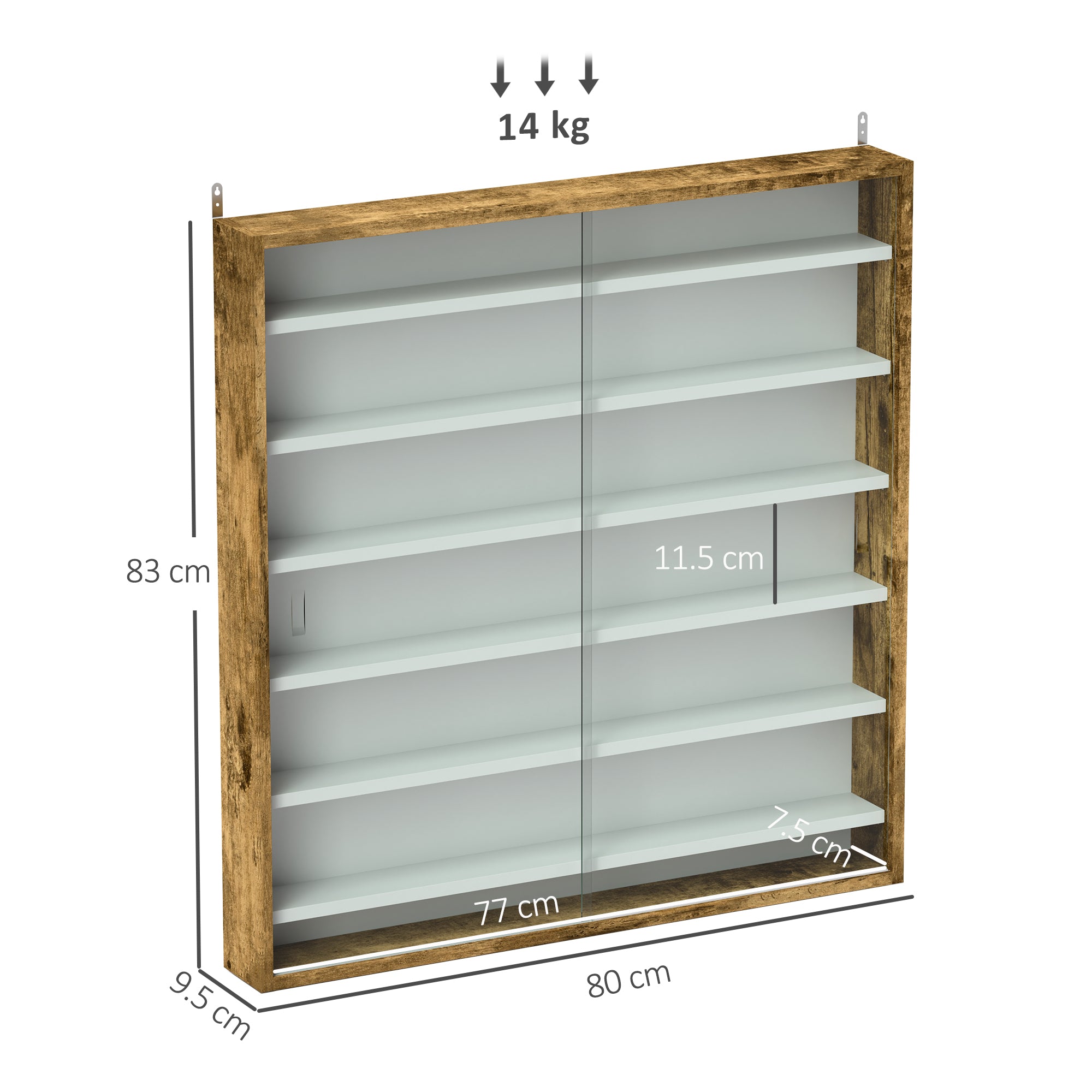 HOMCOM 7-Tier Wall Display Shelf Unit Cabinet w/ 6 Adjustable Shelves Glass Doors Home Office Ornaments 83x80cm, Rustic Brown - North Peak Garden Furniture