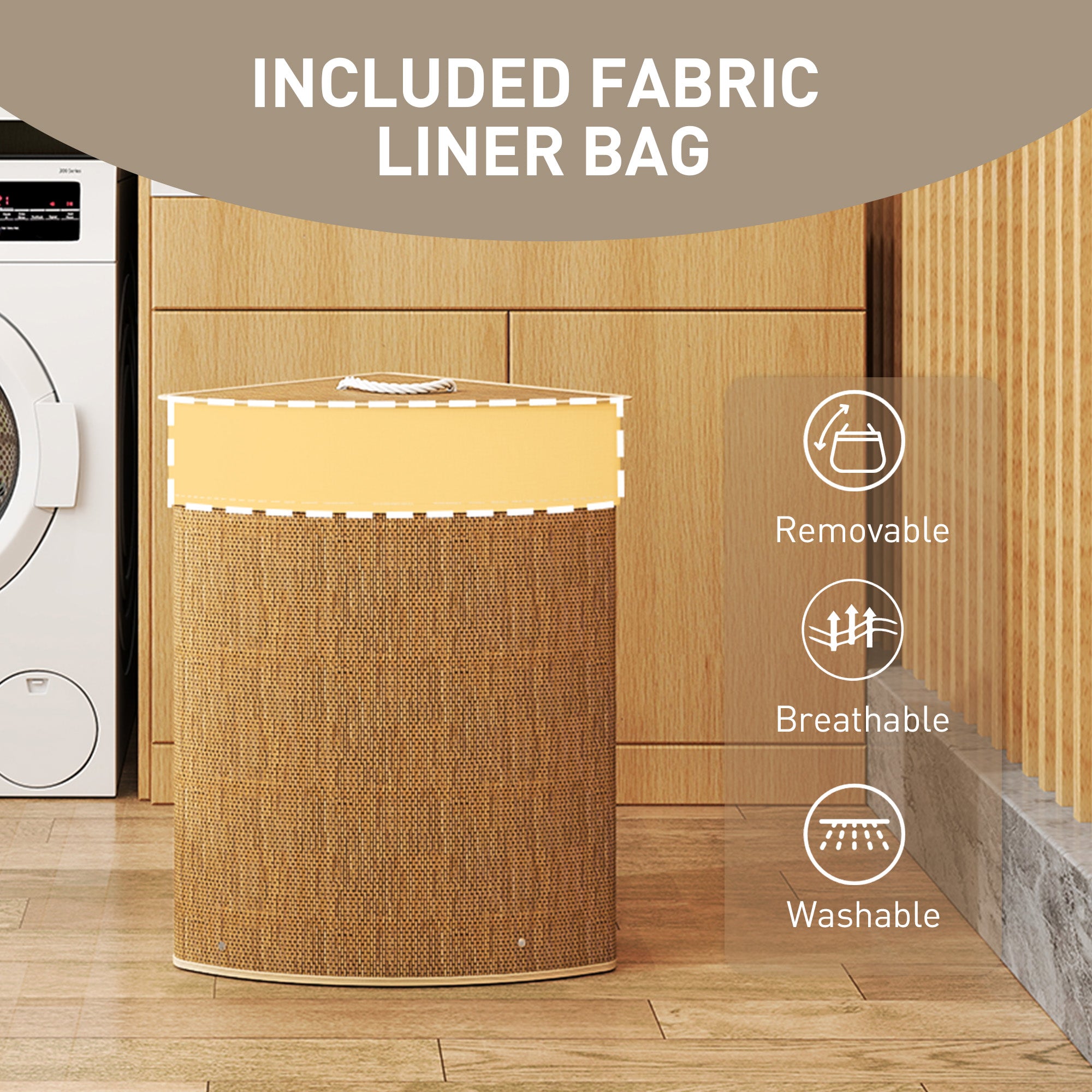 HOMCOM Bamboo Laundry Basket with Lid, 55L Corner Laundry Hamper with Removable Washable Liner Bag, Bathroom Triangle Washing Basket, 35 x 35 x 60 cm, Brown - North Peak Garden Furniture