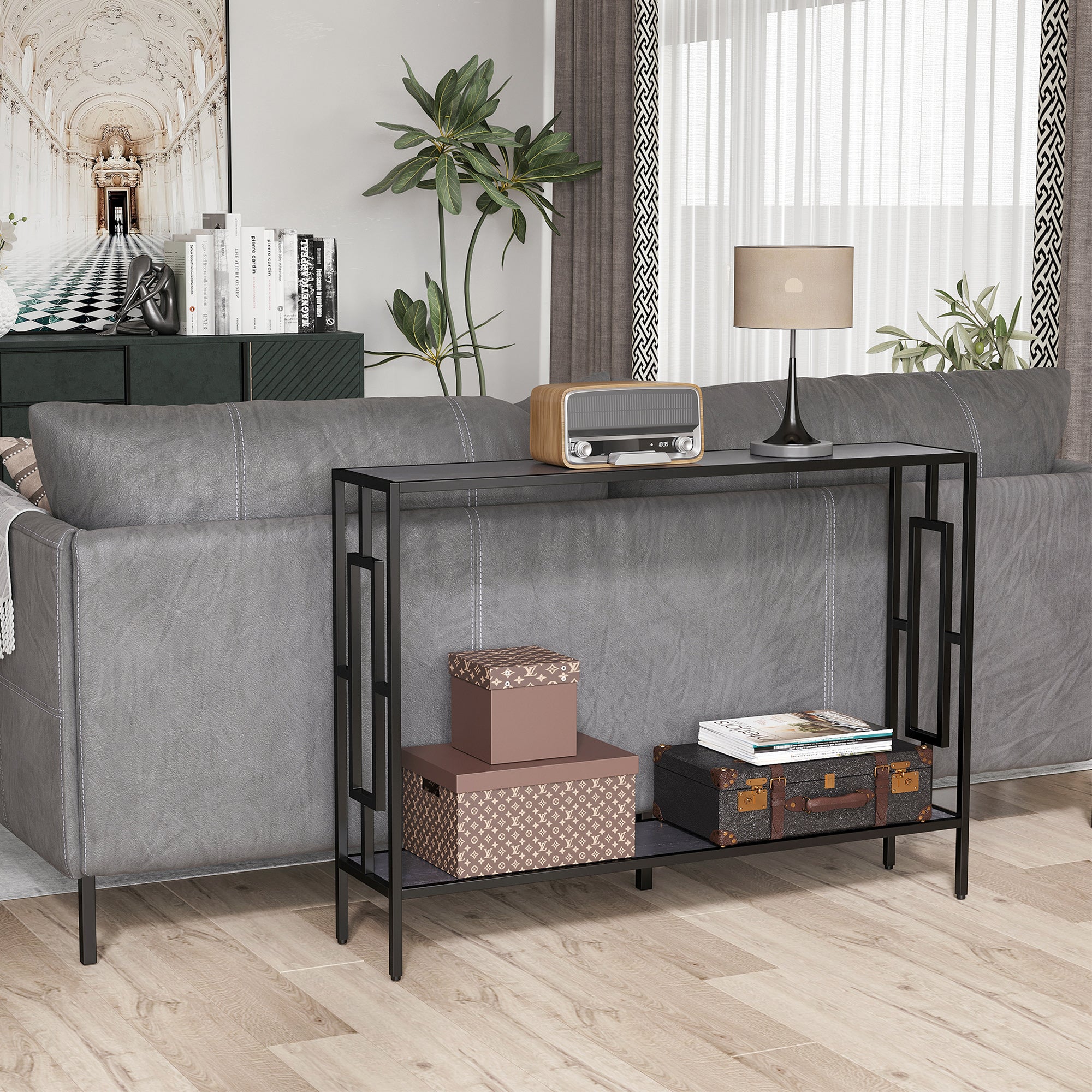HOMCOM Industrial Console Table with Storage Shelf, Narrow Hallway Dressing Desk with Metal Frame for Living Room, Bedroom, Grey and Black