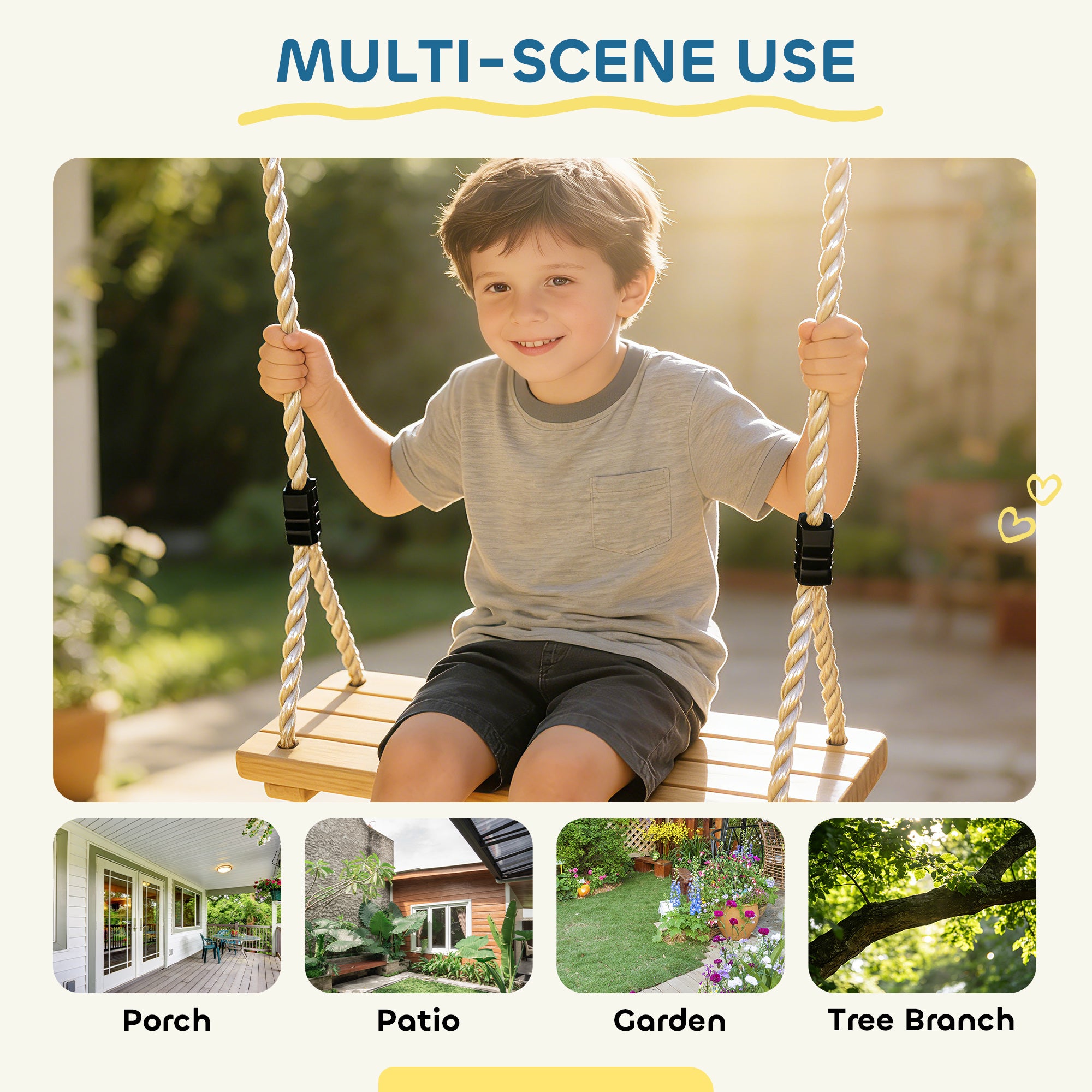 AIYAPLAY Wooden Swing Seat, Kids Swing Set with Adjustable Rope and Tree Straps, Outdoor Playground Playset for Kids