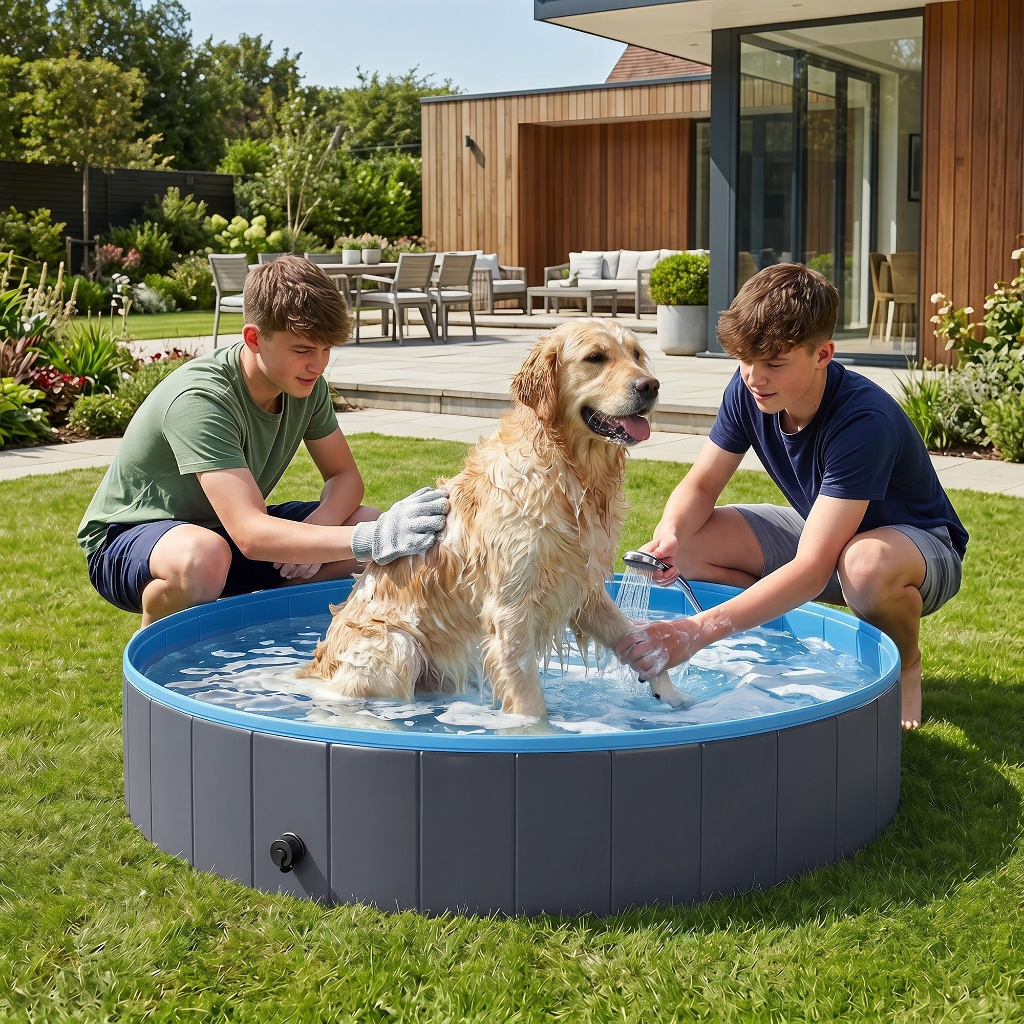 PawHut Foldable Dog Pool for Puppies and Ducks Dog Paddling Pool Bath Tub, Dark Grey, 140 x 30cm