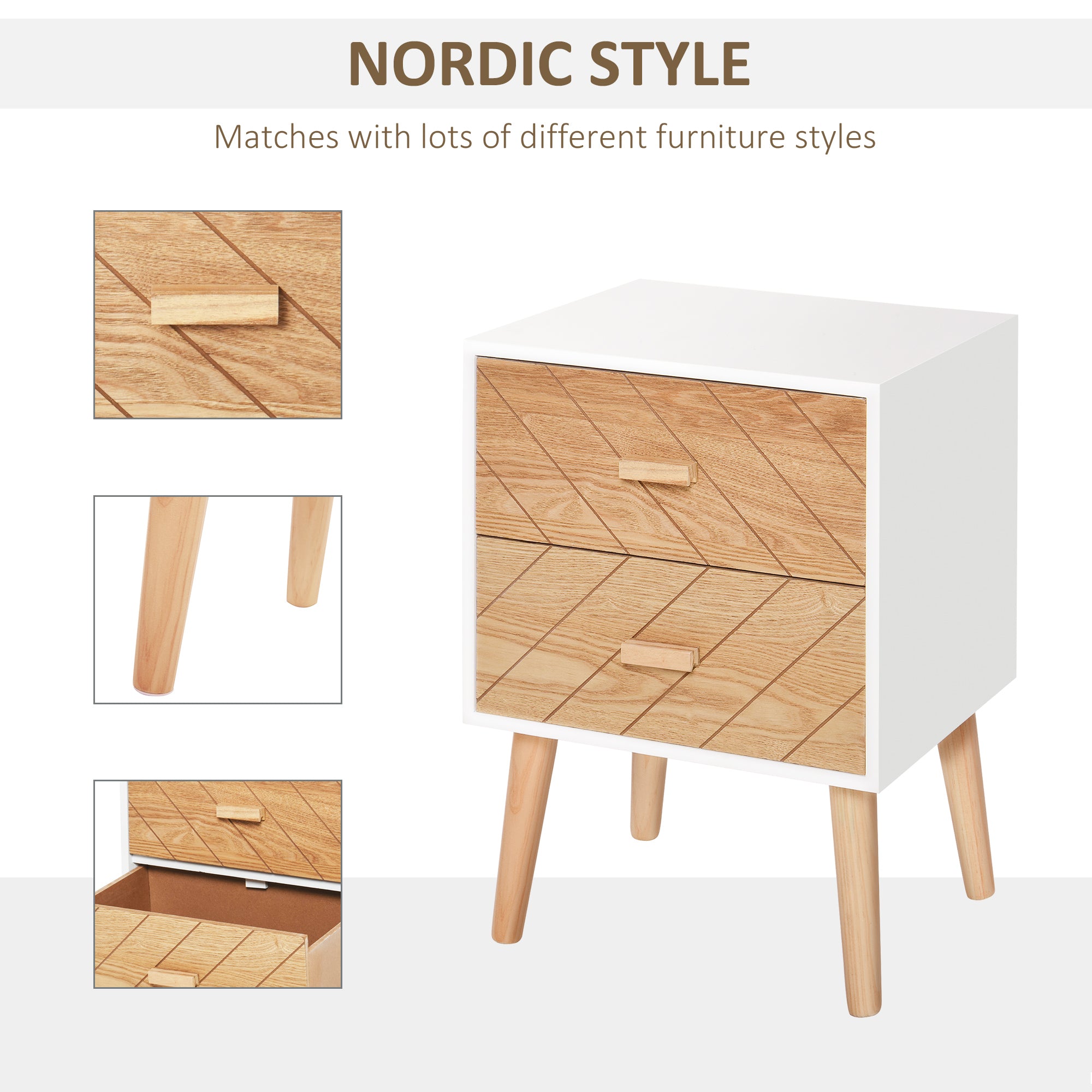 HOMCOM 2 Drawers Bedside Table with Pine Legs, Bedroom Wooden Storage Cabinet, Natural - North Peak Garden Furniture
