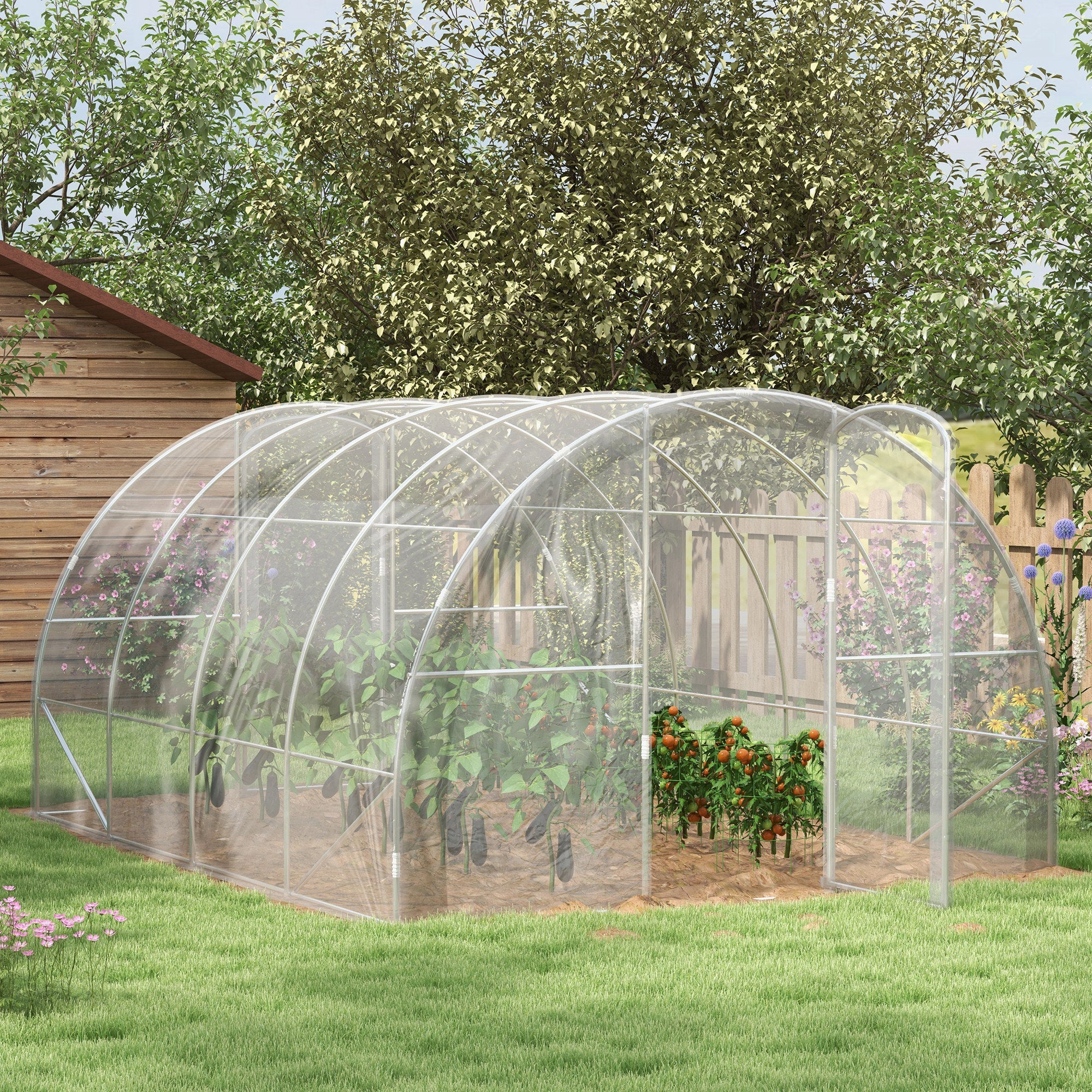 Outsunny Polytunnel Greenhouse Walk-in Grow House with PE Cover, Door and Galvanised Steel Frame, 4 x 3 x 2m, Clear