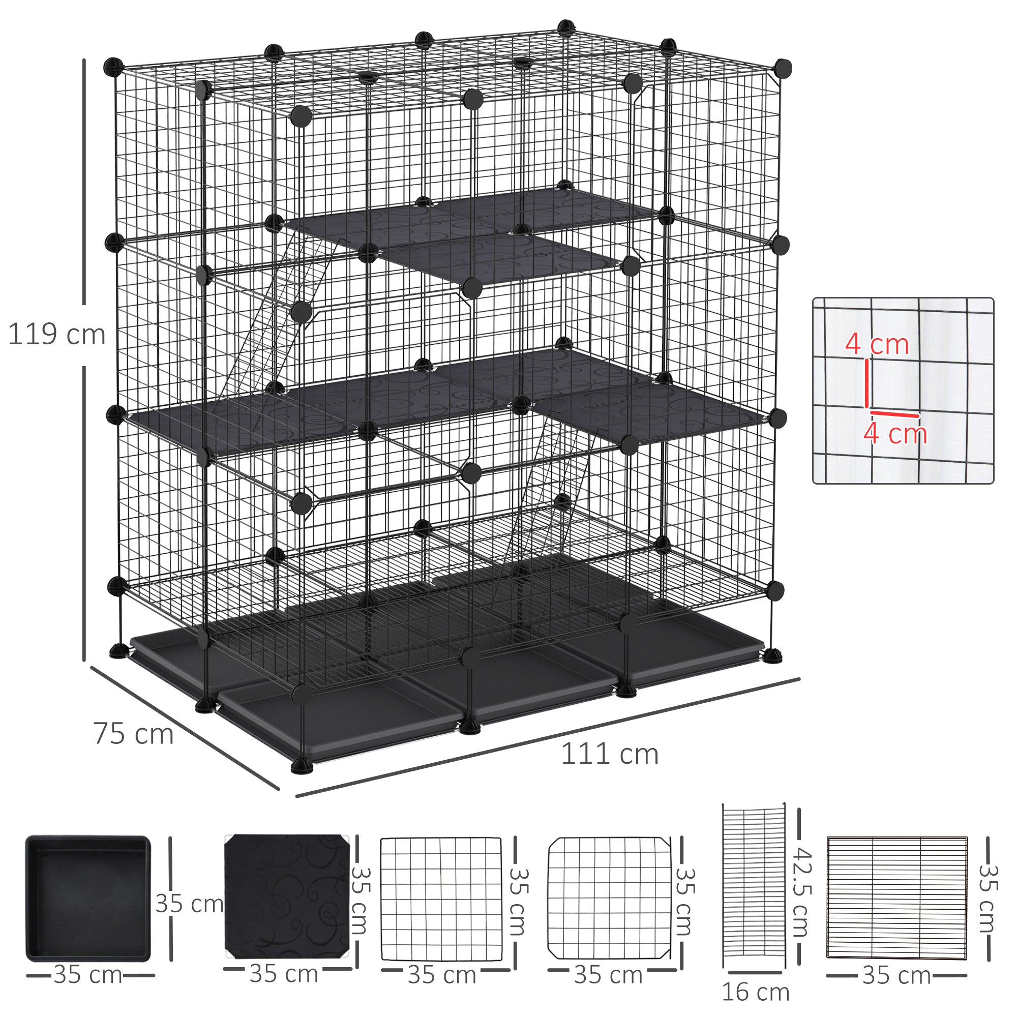 PawHut 3 Level DIY Pet Playpen Metal Small Animal Cage Rabbit Ferret Chinchillas Cage 4 Doors Bottom Trays Black - North Peak Garden Furniture