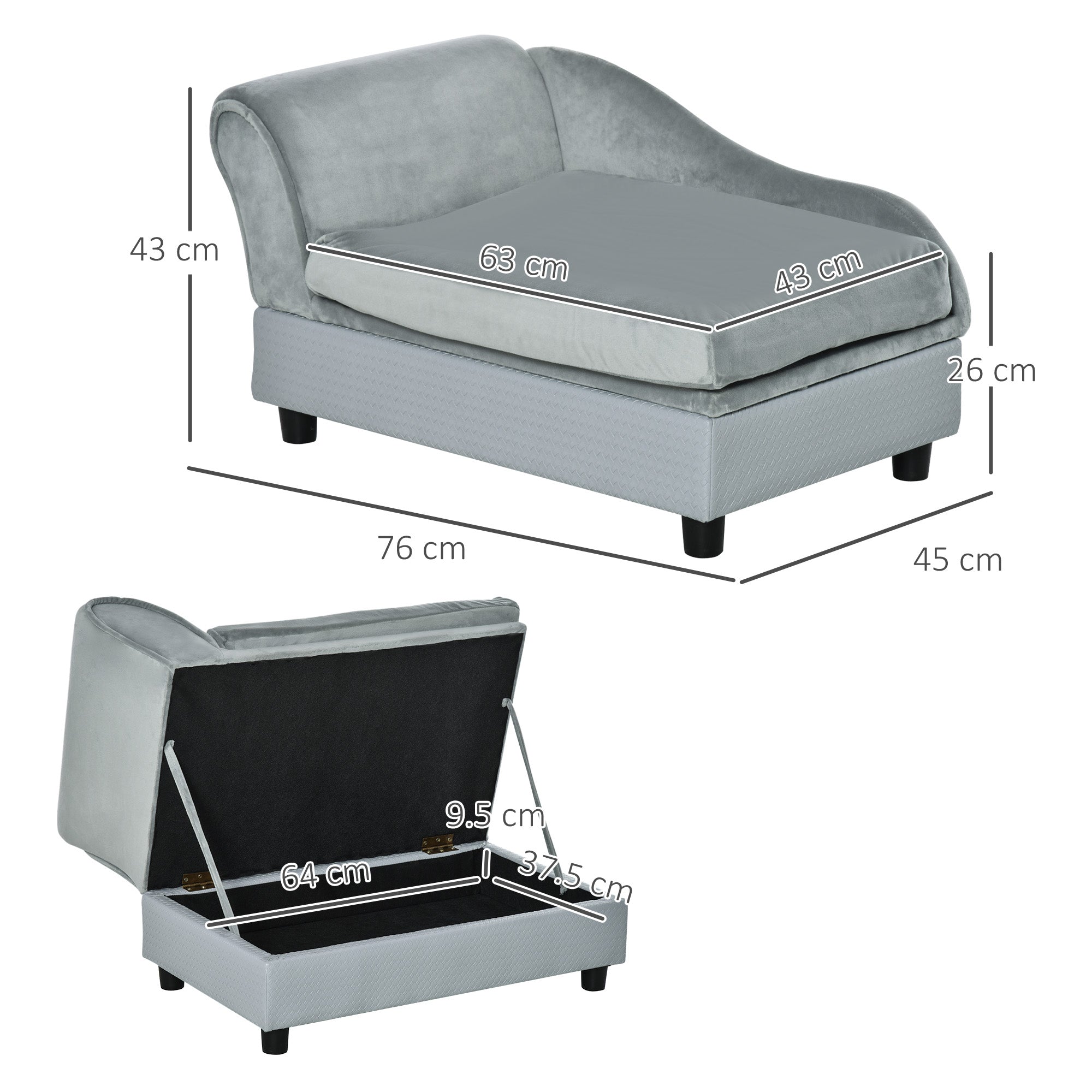 PawHut Pet Sofa Chair, with Storage, Cushion, for Small Dogs, Cats - Light Grey - North Peak Garden Furniture