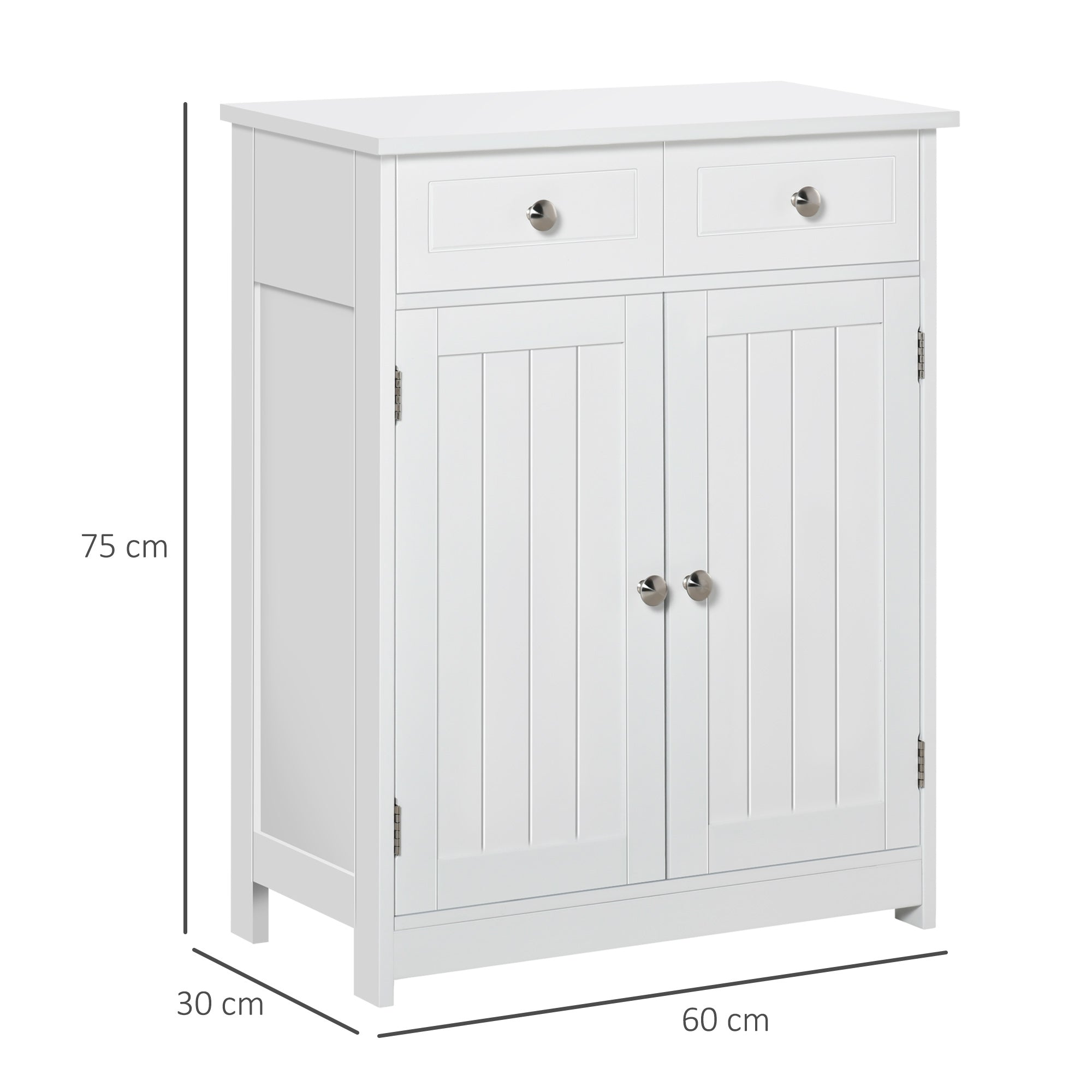 kleankin 75x60cm Freestanding Bathroom Storage Cabinet Unit w/ 2 Drawers Cupboard Adjustable Shelf Metal Handles Traditional Style White - North Peak Garden Furniture