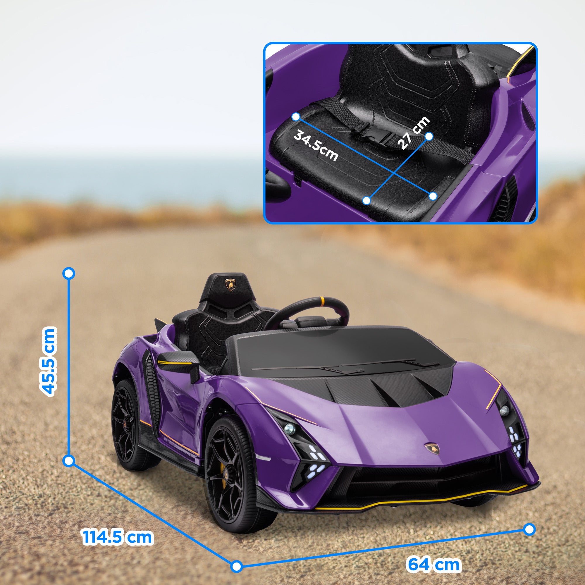 AIYAPLAY 12V Lamborghini Autentica Licensed Kids Electric Car with Remote Control, 4 Suspension Wheels, Soft Start, Purple - North Peak Garden Furniture