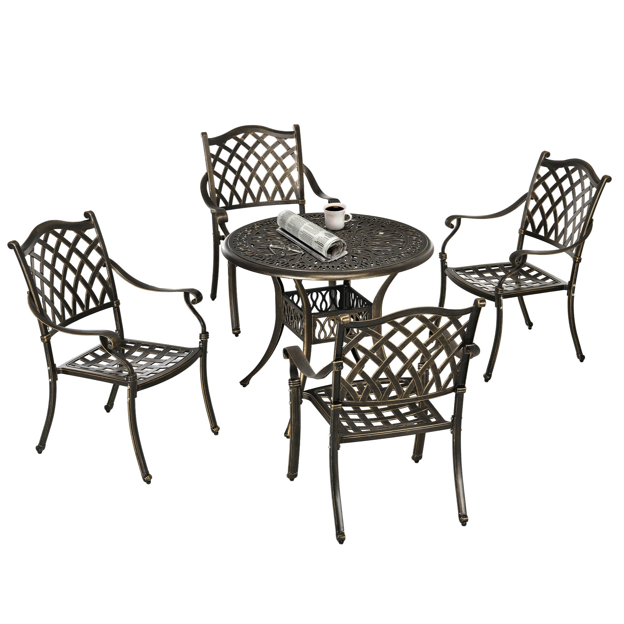 Outsunny 5-Piece Outdoor Furniture Dining Set, Cast Aluminum Conversation Set Includes 4 Chairs and Φ90cm Round Table with Φ50mm Umbrella Hole for Patio Garden Deck, Flower Design - North Peak Garden Furniture