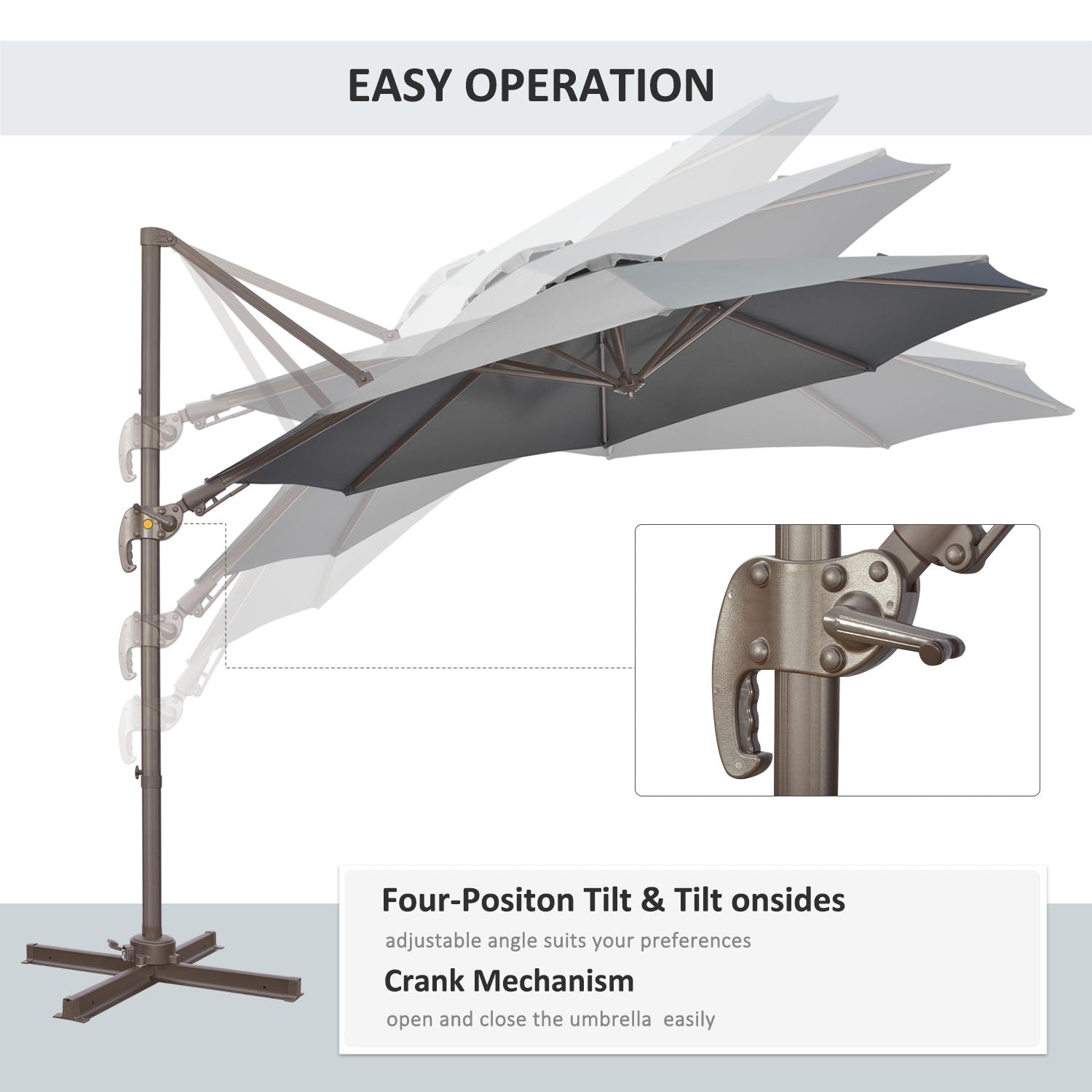 Outsunny 3(m) Cantilever Parasol 360° Rotation Roma Umbrella Hanging Sun Shade with Aluminium Frame, Tilt Crank, 8 Ribs and Cross Base, Dark Grey - North Peak Garden Furniture