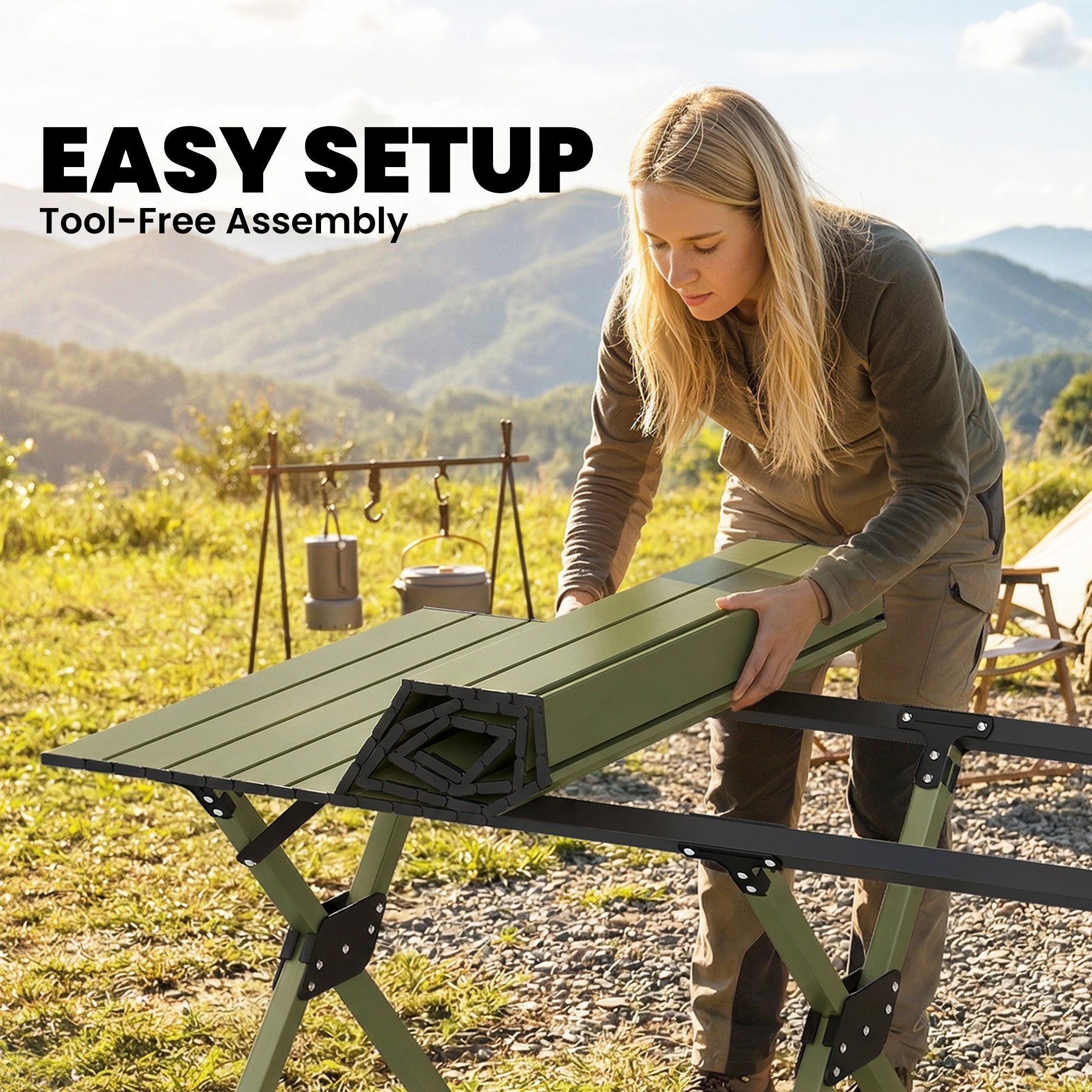 Outsunny 4ft Folding Camping Table, Waterproof Picnic Table with Roll Up Top and Metal Frame, Green