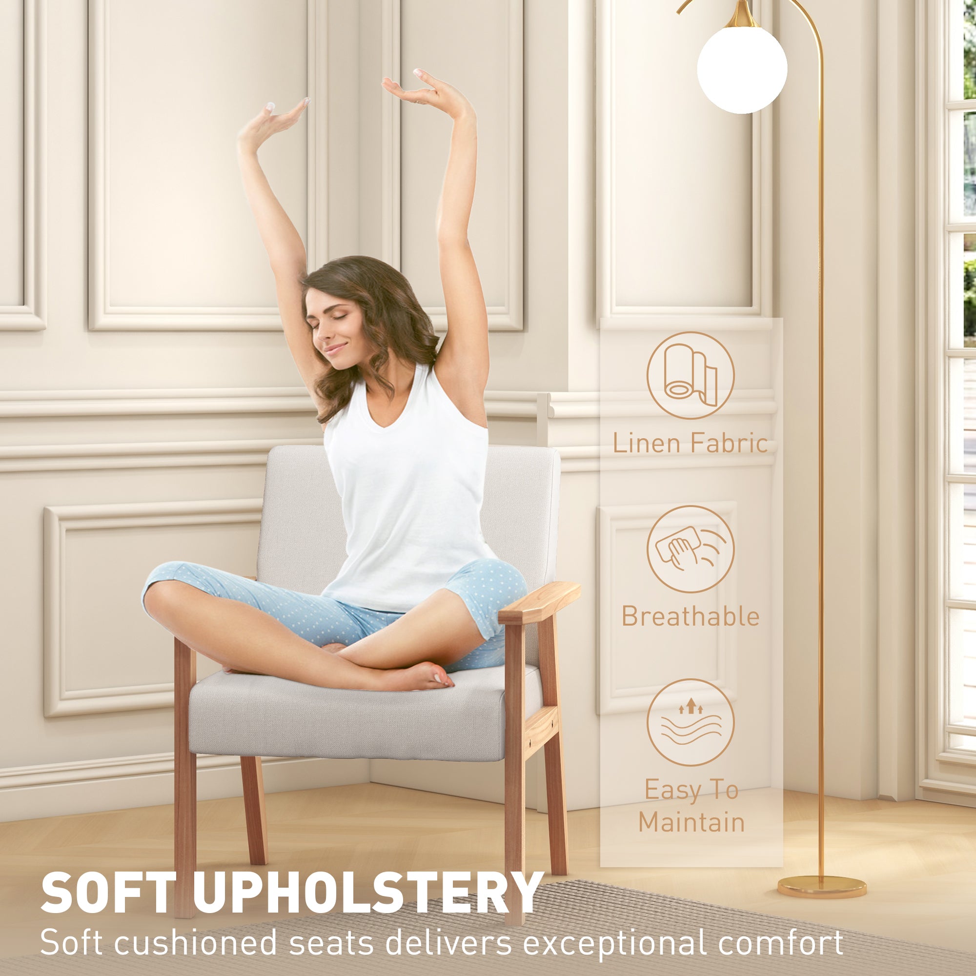HOMCOM Accent Chair Wood Frame with Thick Linen Cushions Wide Seat Armchair Home Furniture Bedroom Office Cream White - North Peak Garden Furniture