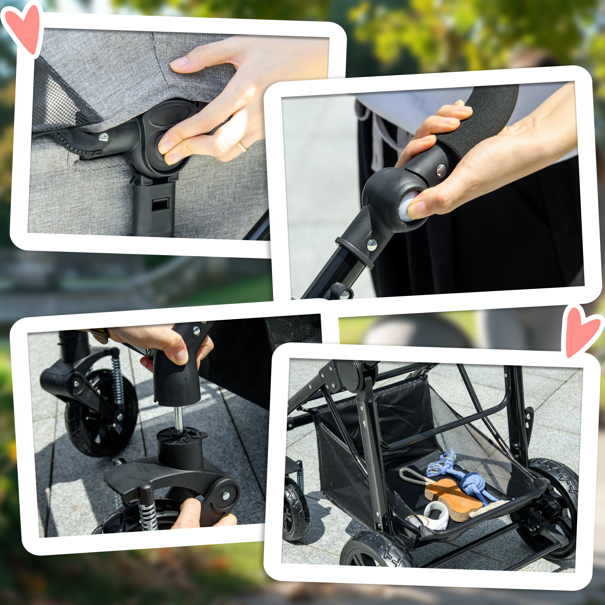 PawHut Dog Pram Pet Stroller for Small Dogs Cats, Foldable Dog Pushchair Trolley with Detachable Pet Carrier Bag, Shock Absorber, Adjustable Handlebar, Grey - North Peak Garden Furniture