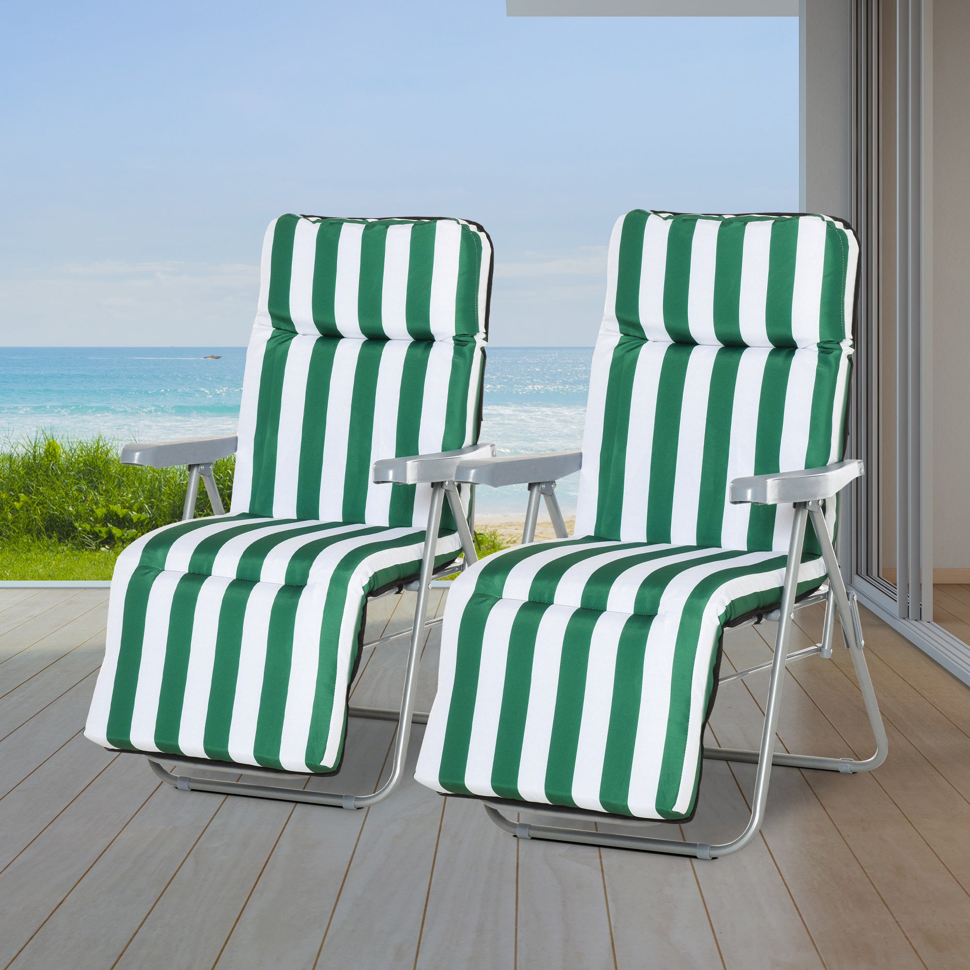 Outsunny 2 Pieces Outdoor Sun Lounger Set with Cushions, Patio Folding 5-Level Adjustable Backrest Recliner Chairs Set of 2 with High Backrest and Armrests, Green & White - North Peak Garden Furniture