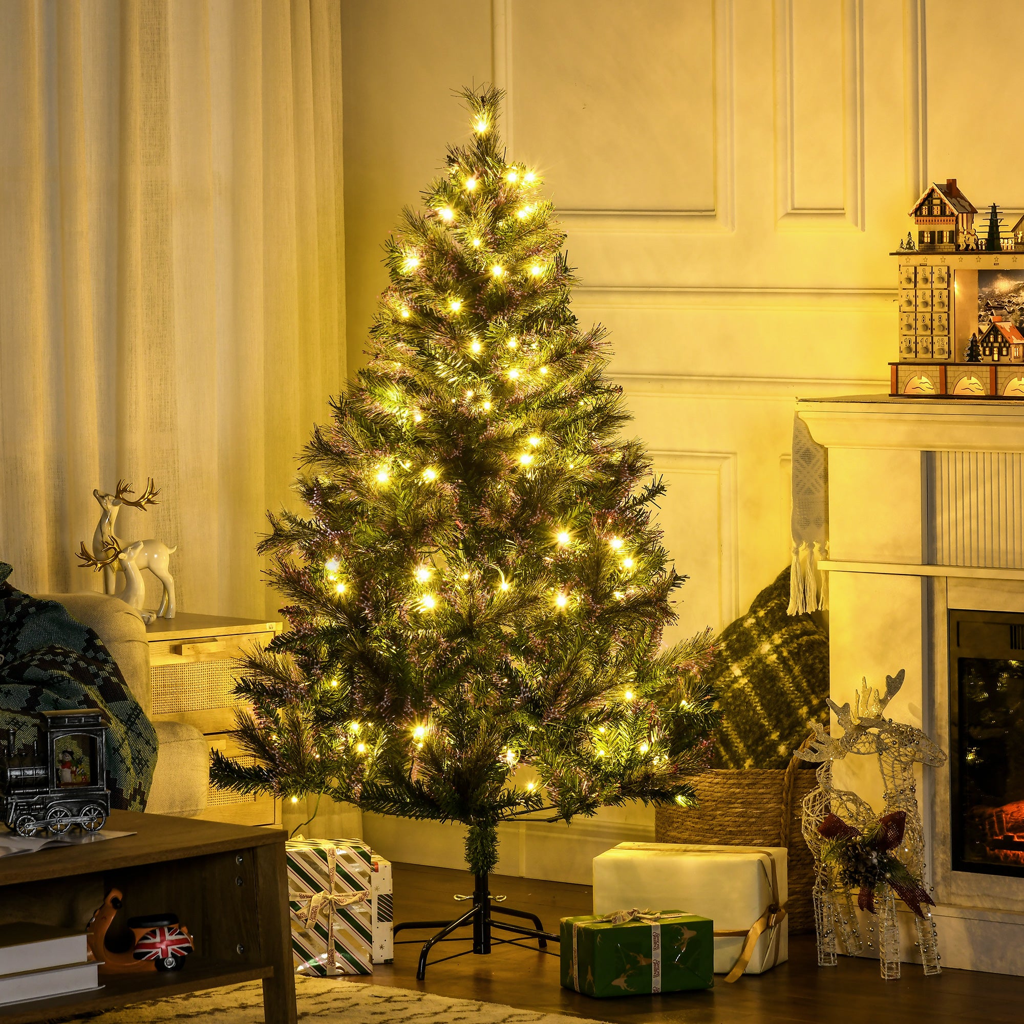 HOMCOM 1.5m 5ft Pre-Lit Christmas Tree Artificial Spruce Xmas Tree Warm White LED Holiday Décor with Metal Stand - North Peak Garden Furniture