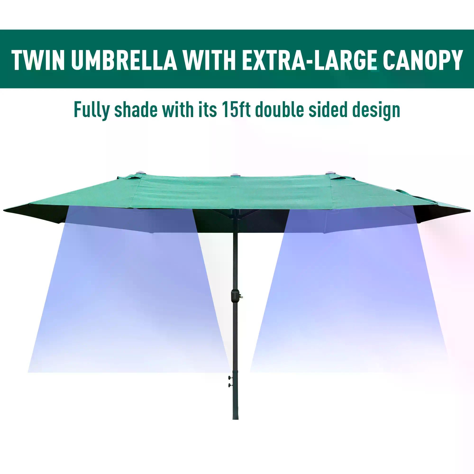 Outsunny 4.6M Sun Umbrella Canopy Double-sided Crank Sun Shade w/ Cross Base Dark Green