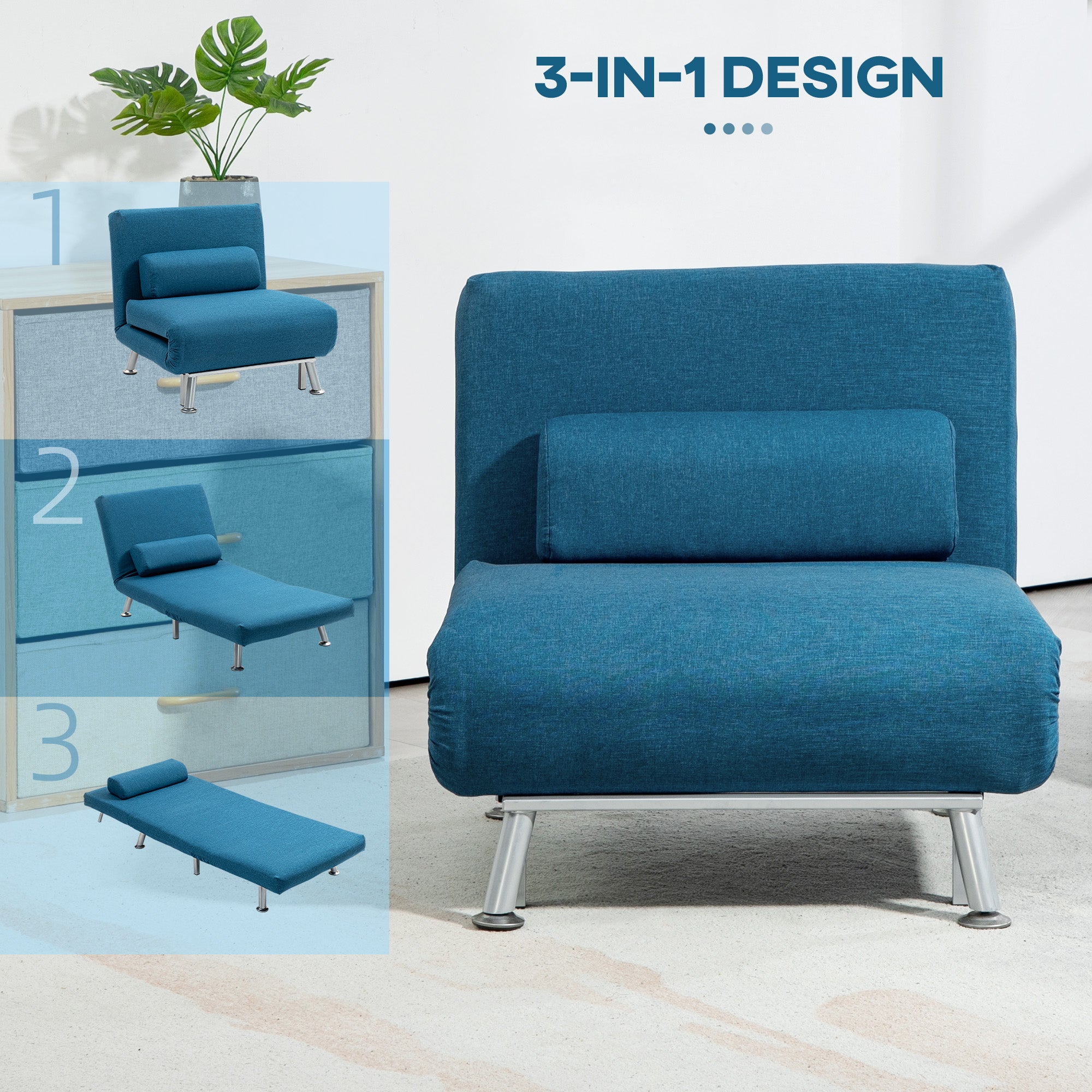 HOMCOM Single Linen-Look Sleeper Chair - Blue - North Peak Garden Furniture