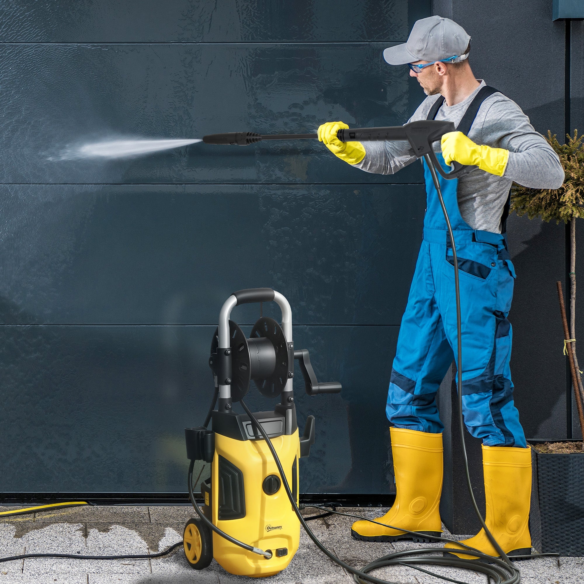 Outsunny 1800W High Pressure Washer, 150 Bar Pressure, 420 L/h Flow, Portable Power Washer Jet Wash Cleaner with Adjustable Nozzle, 6M Hose, Hose Reel, Steel Handle for Home Patio Car Driveway, Yellow - North Peak Garden Furniture