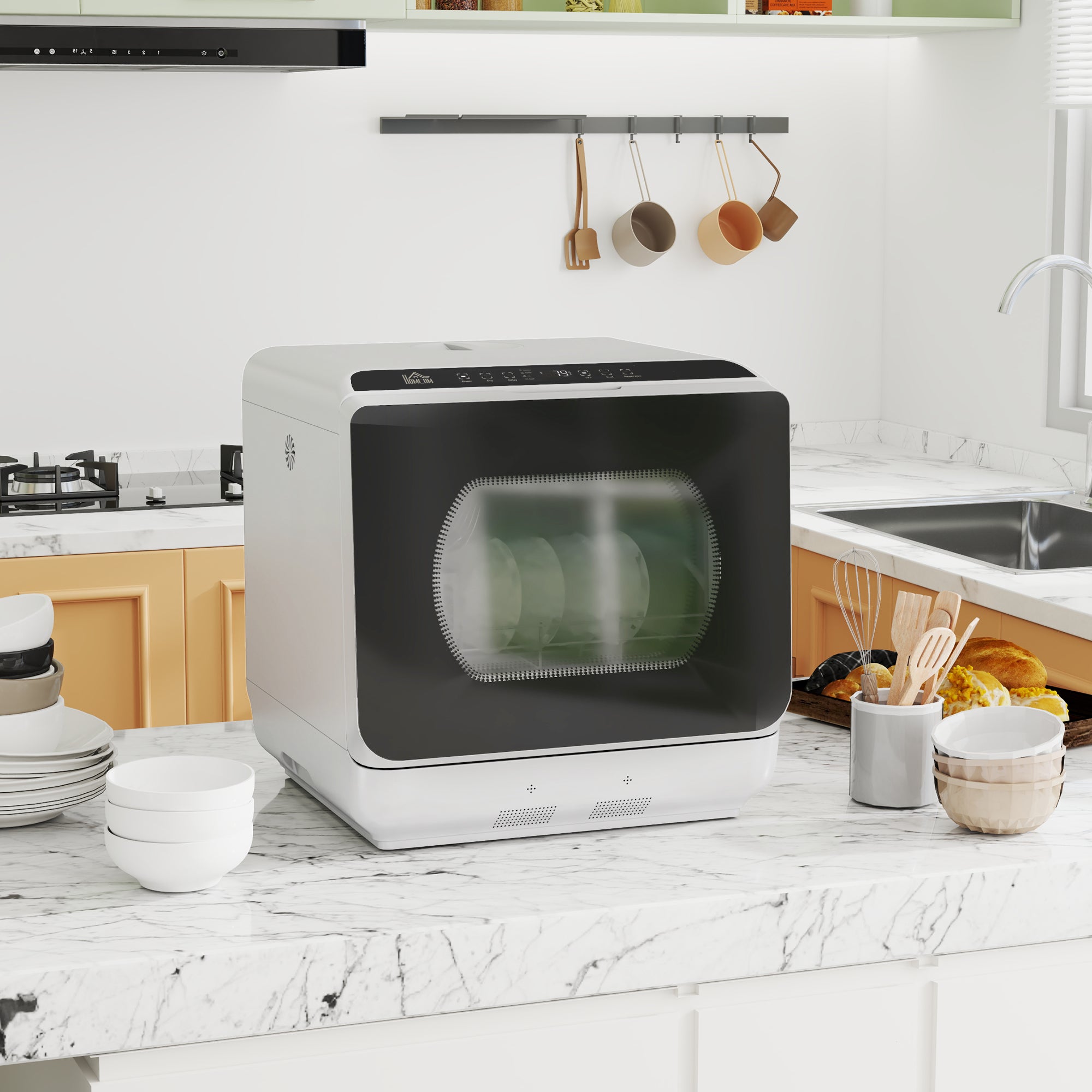 HOMCOM Tabletop Dishwasher, Mini Countertop Dishwasher with 4 Place Settings, 6 Programs, 6L Water Tank, Touch Control, LED Display, Delay Start, Dual Water Supply and Fruit Wash Mode, Silver Tone - North Peak Garden Furniture